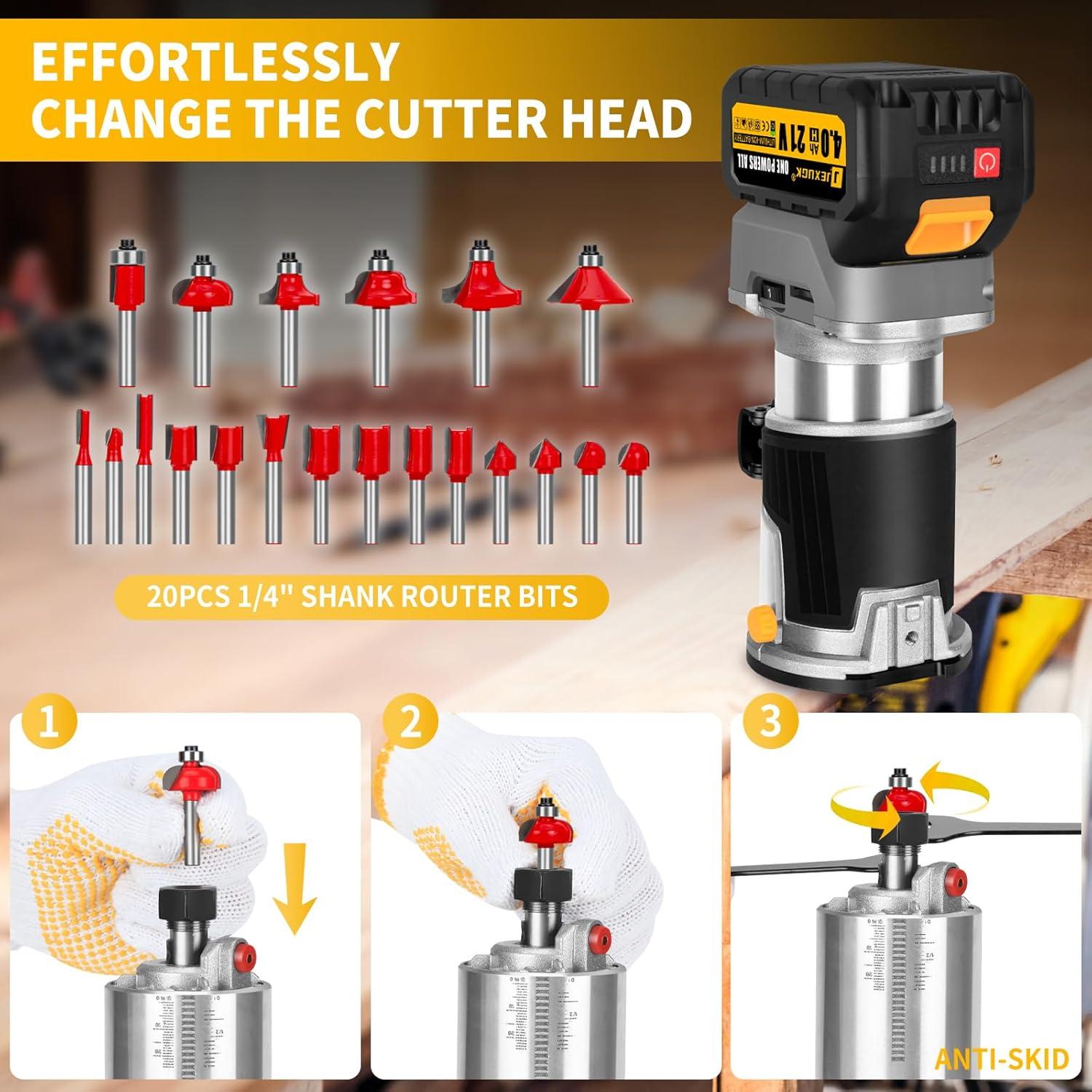 Fresadora Inalámbrica JEXUGK 21V con 2 Baterías 4.0Ah y 20 Brocas