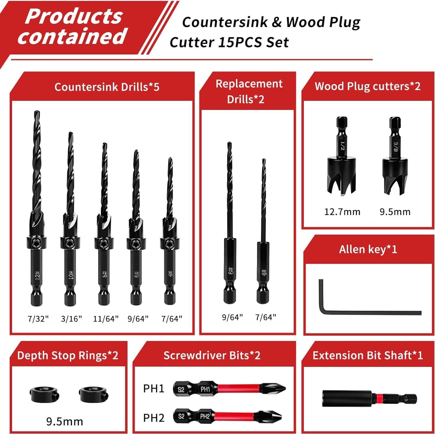 Juego de Brocas de Avellanado TEWORDA 15 Piezas HSS Nitrurado