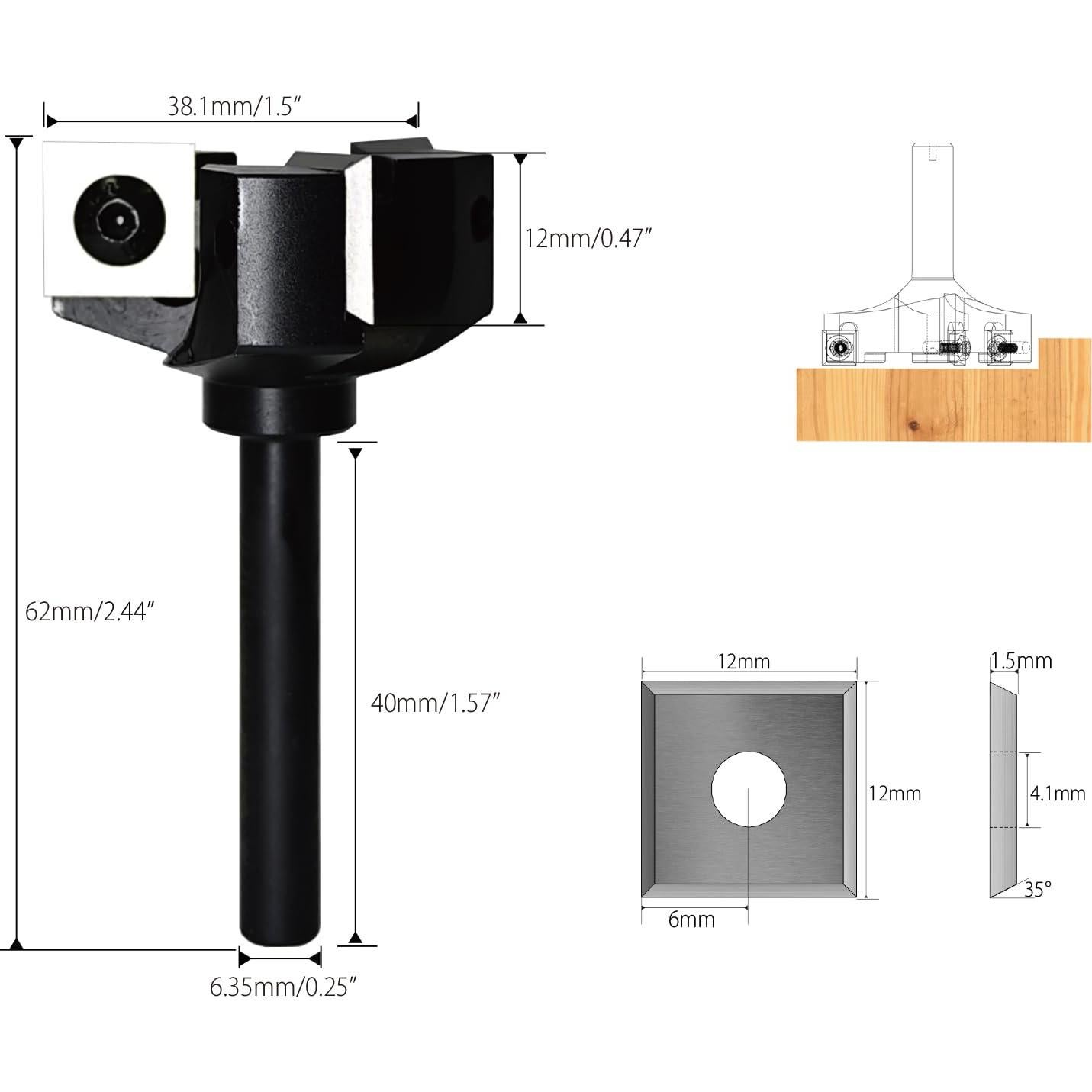 Fresa de Superficie CNC HIIZUG 1/4" Eje 38.1mm 12mm Carburo
