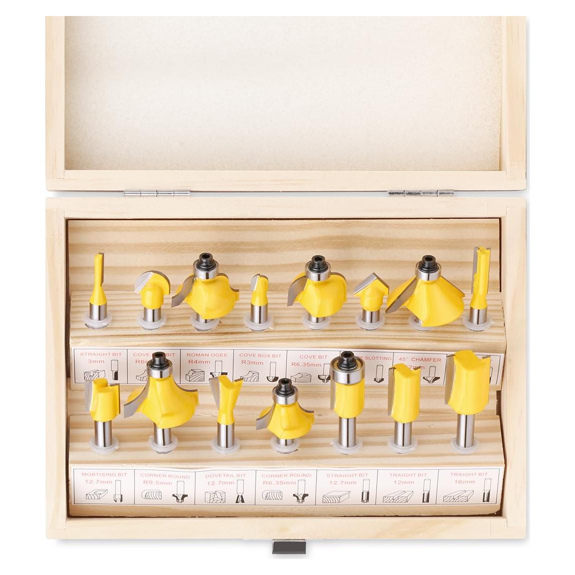 Juego de 15 Brocas de Router JGZUI Carburo 1/4" para Carpintería