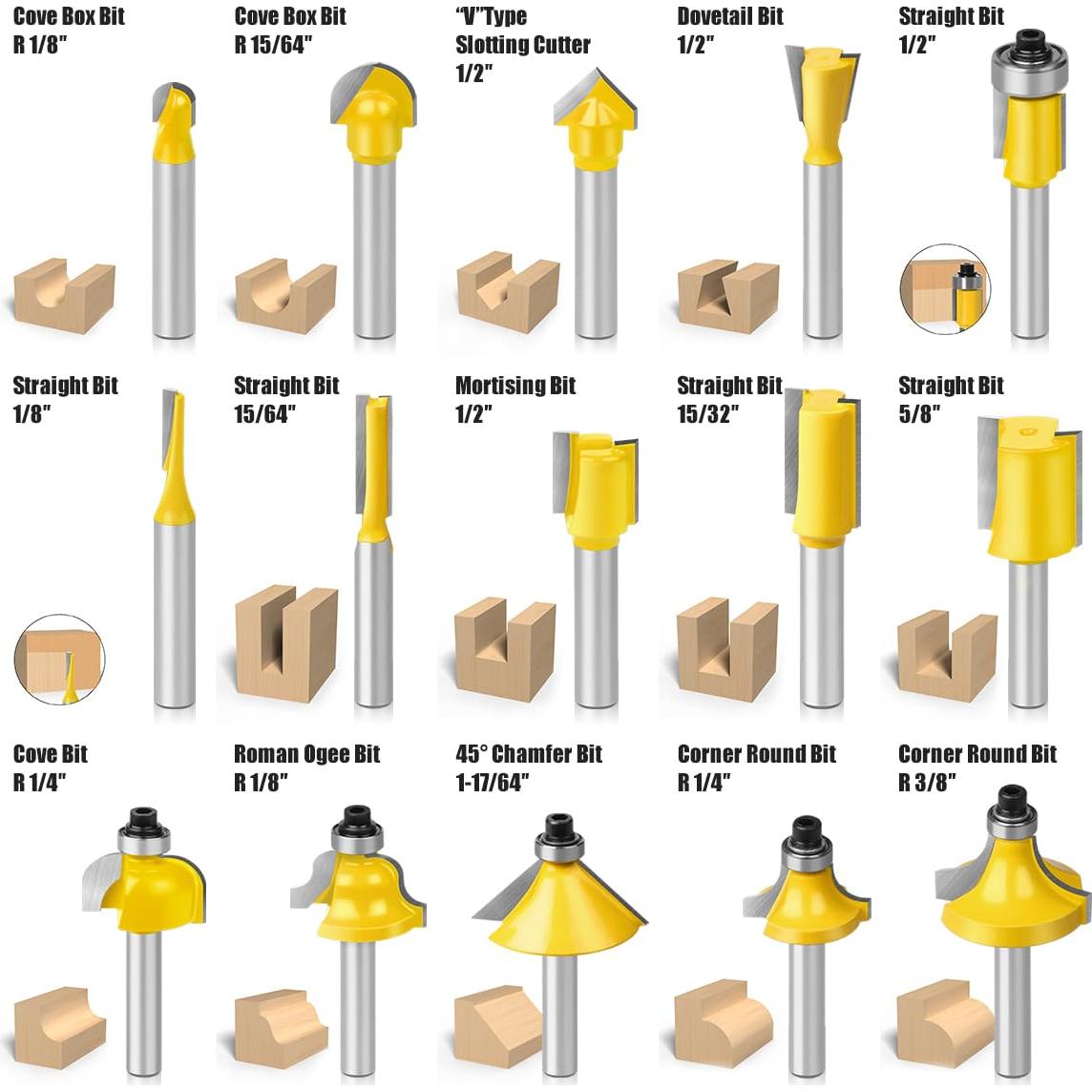 Juego de 15 Brocas de Router JGZUI Carburo 1/4" para Carpintería