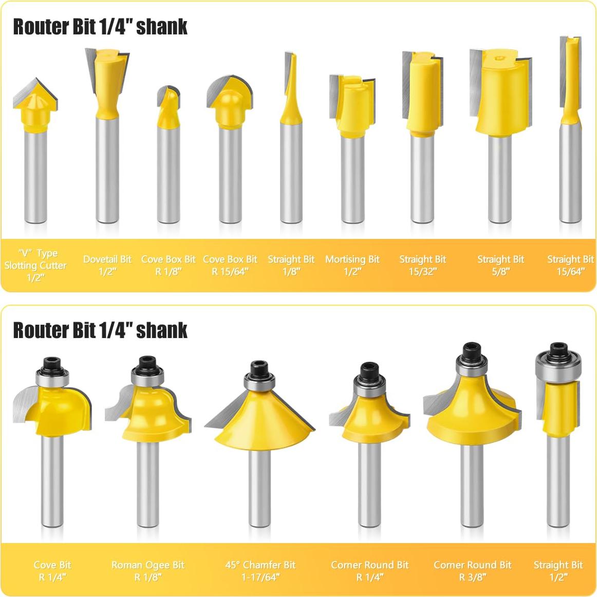 Juego de 15 Brocas de Router JGZUI Carburo 1/4" para Carpintería