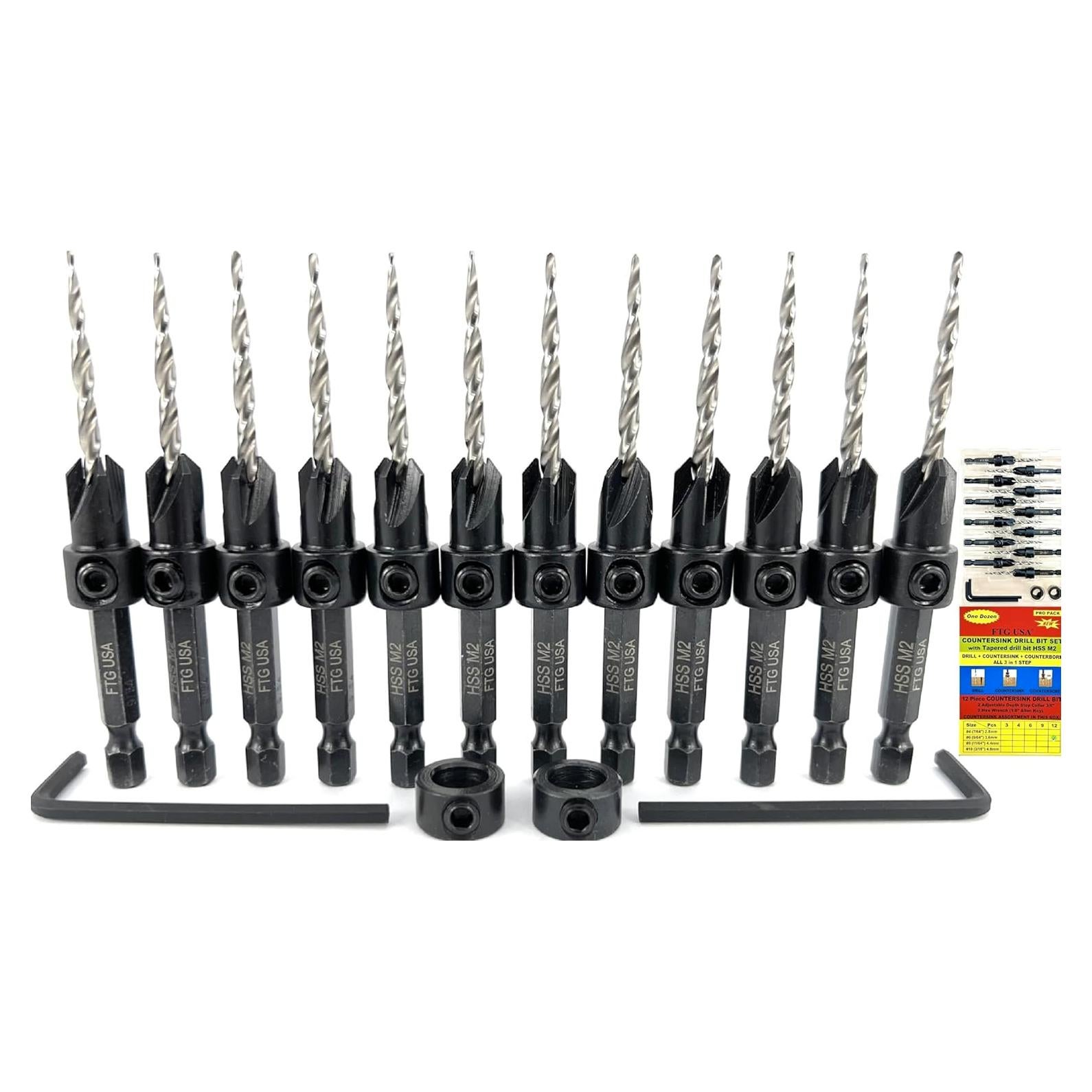 Juego de Brocas Avellanadas FTG USA 12 Pc #6 9/64" para Madera