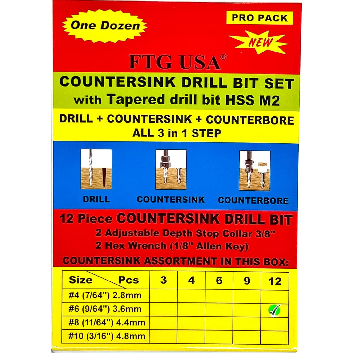 Juego de Brocas Avellanadas FTG USA 12 Pc #6 9/64" para Madera