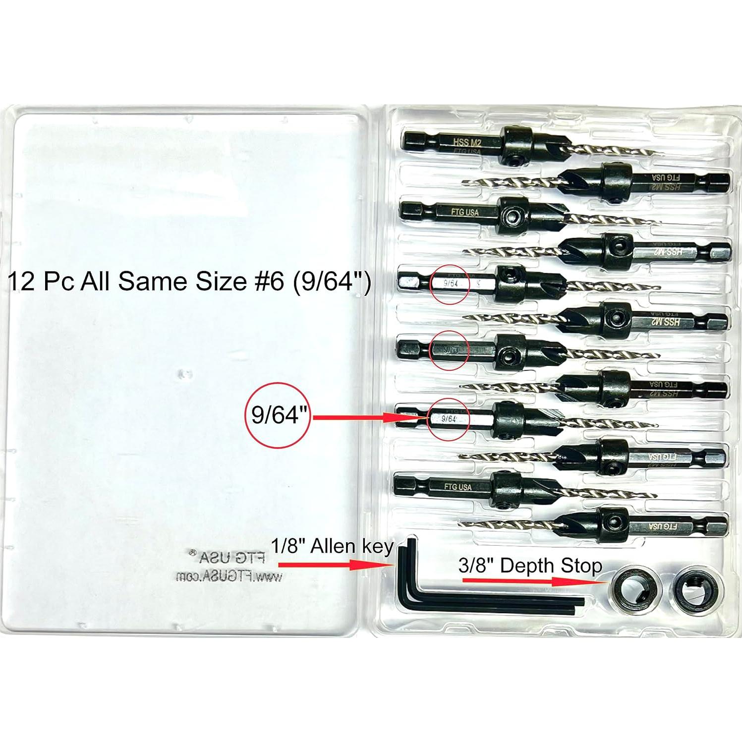 Juego de Brocas Avellanadas FTG USA 12 Pc #6 9/64" para Madera