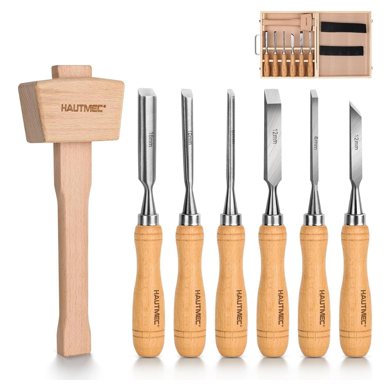 Juego de 7 Cinceles de Madera HAUTMEC con Martillo y Caja