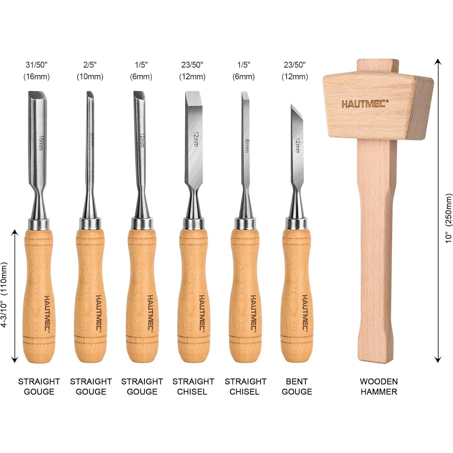 Juego de 7 Cinceles de Madera HAUTMEC con Martillo y Caja
