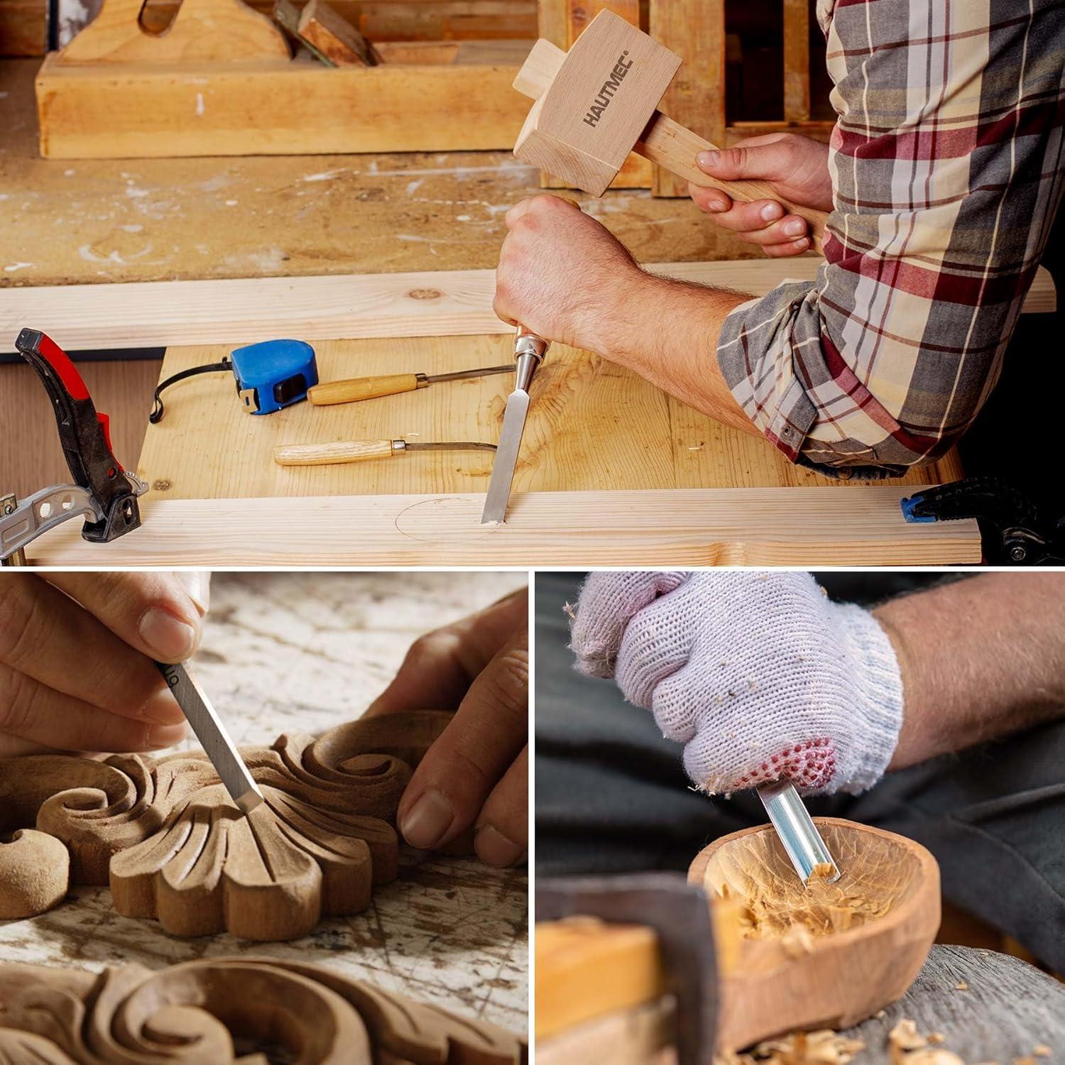Juego de 7 Cinceles de Madera HAUTMEC con Martillo y Caja
