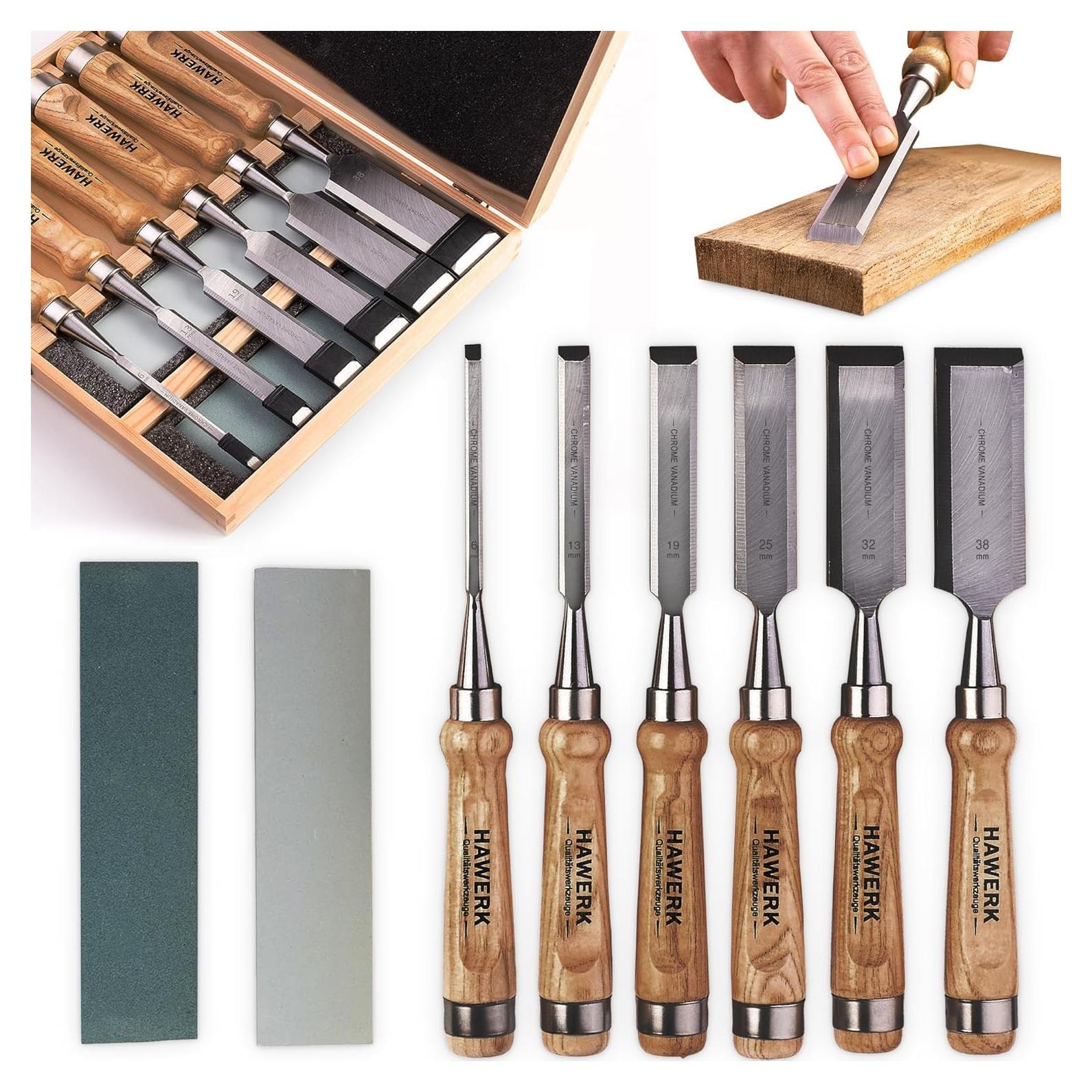 Conjunto de Cinceles de Madera Hawerk - 6 Piezas + 2 Piedras