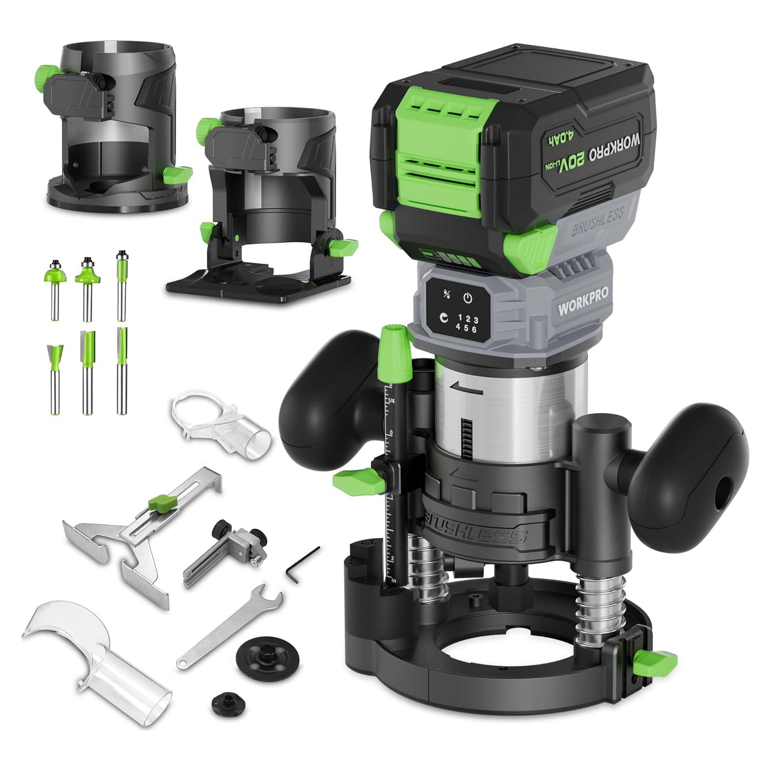 WORKPRO 20V Cordless Compact Router Tool, 6 Variable Speeds up to 30,000RPM Wood Router for Chamfering, Slotting, Trimming, with Multi-Angle Adjustable, Straight, Dual-Handle Base and Multiple Bits