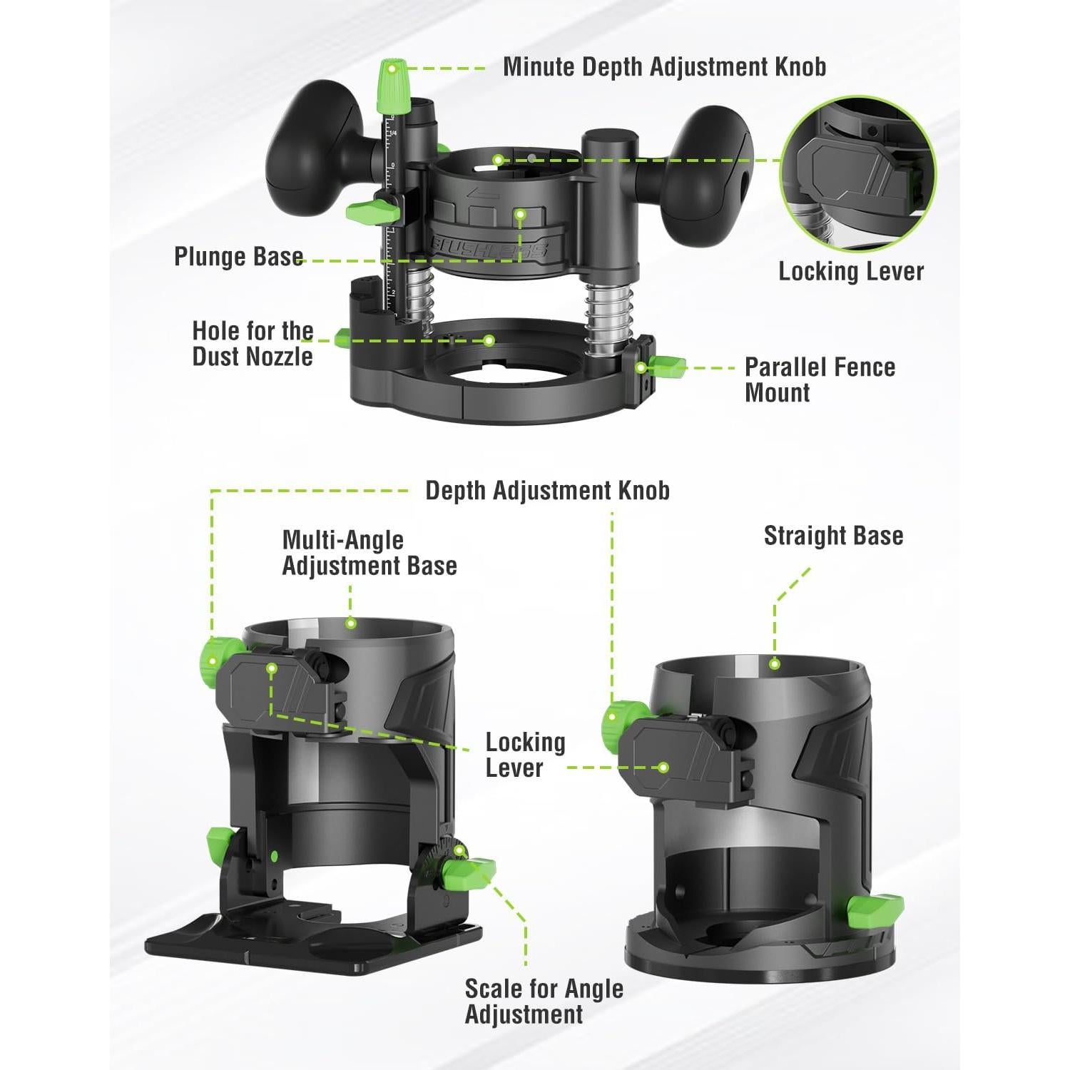 WORKPRO 20V Cordless Compact Router Tool, 6 Variable Speeds up to 30,000RPM Wood Router for Chamfering, Slotting, Trimming, with Multi-Angle Adjustable, Straight, Dual-Handle Base and Multiple Bits