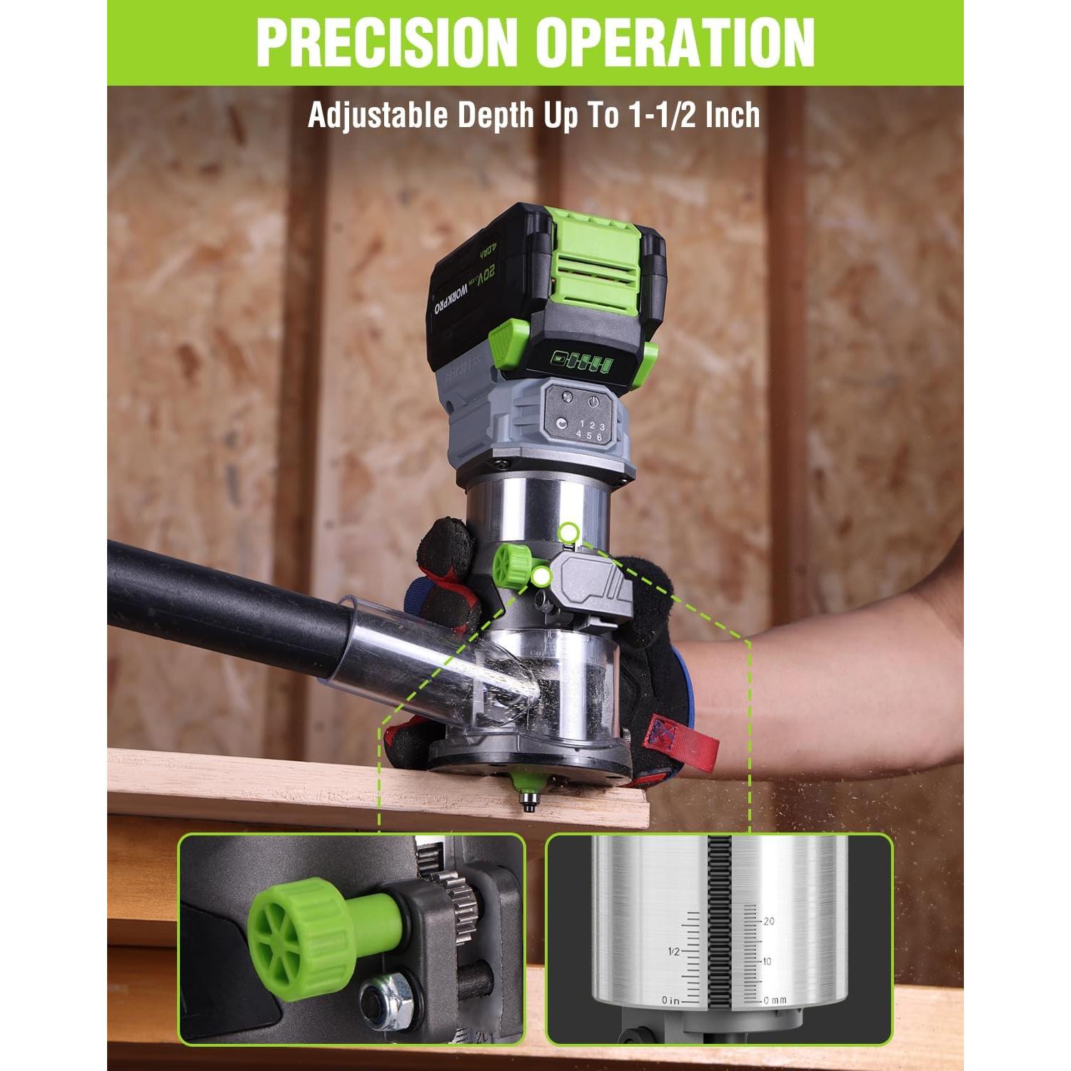 WORKPRO 20V Cordless Compact Router Tool, 6 Variable Speeds up to 30,000RPM Wood Router for Chamfering, Slotting, Trimming, with Multi-Angle Adjustable, Straight, Dual-Handle Base and Multiple Bits