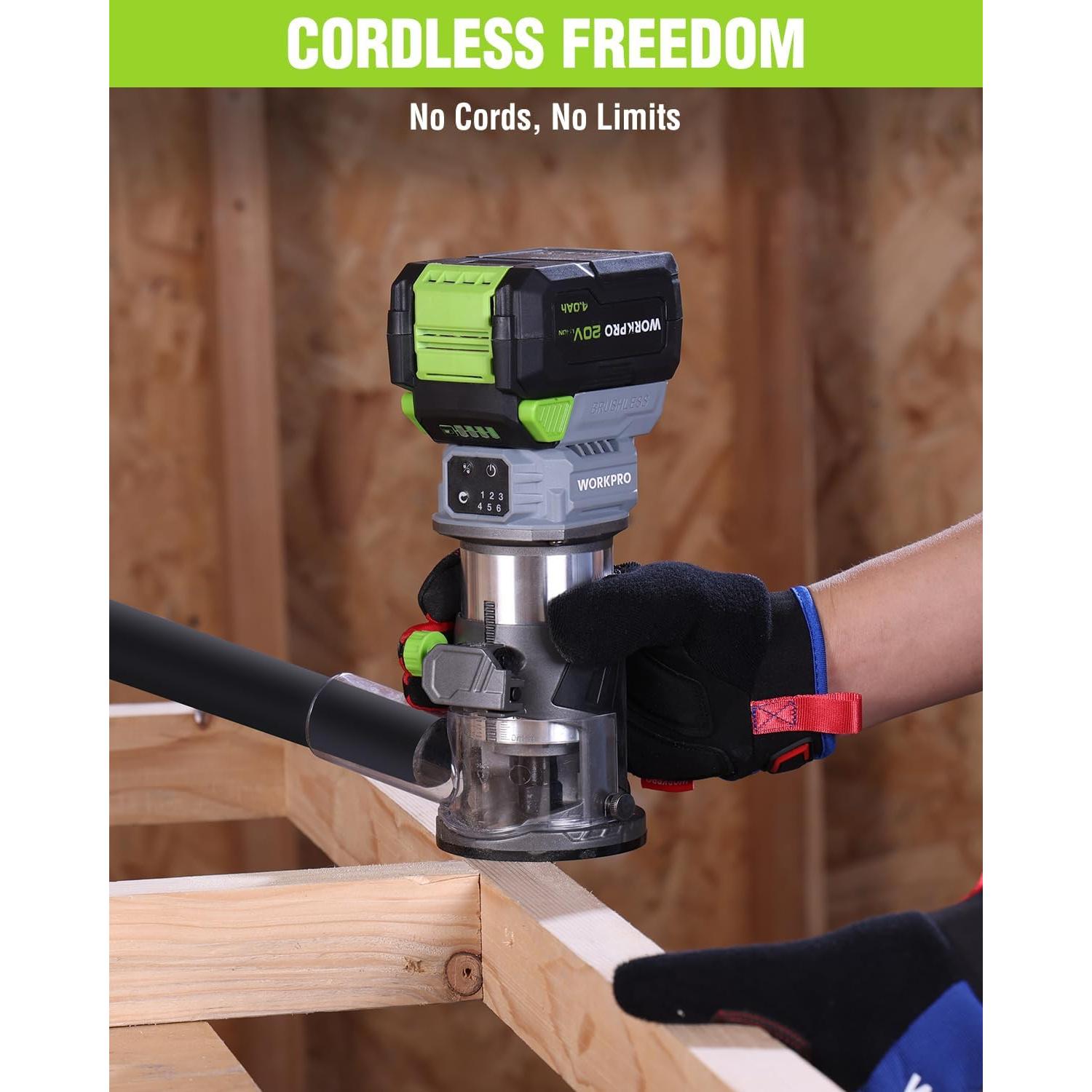 WORKPRO 20V Cordless Compact Router Tool, 6 Variable Speeds up to 30,000RPM Wood Router for Chamfering, Slotting, Trimming, with Multi-Angle Adjustable, Straight, Dual-Handle Base and Multiple Bits