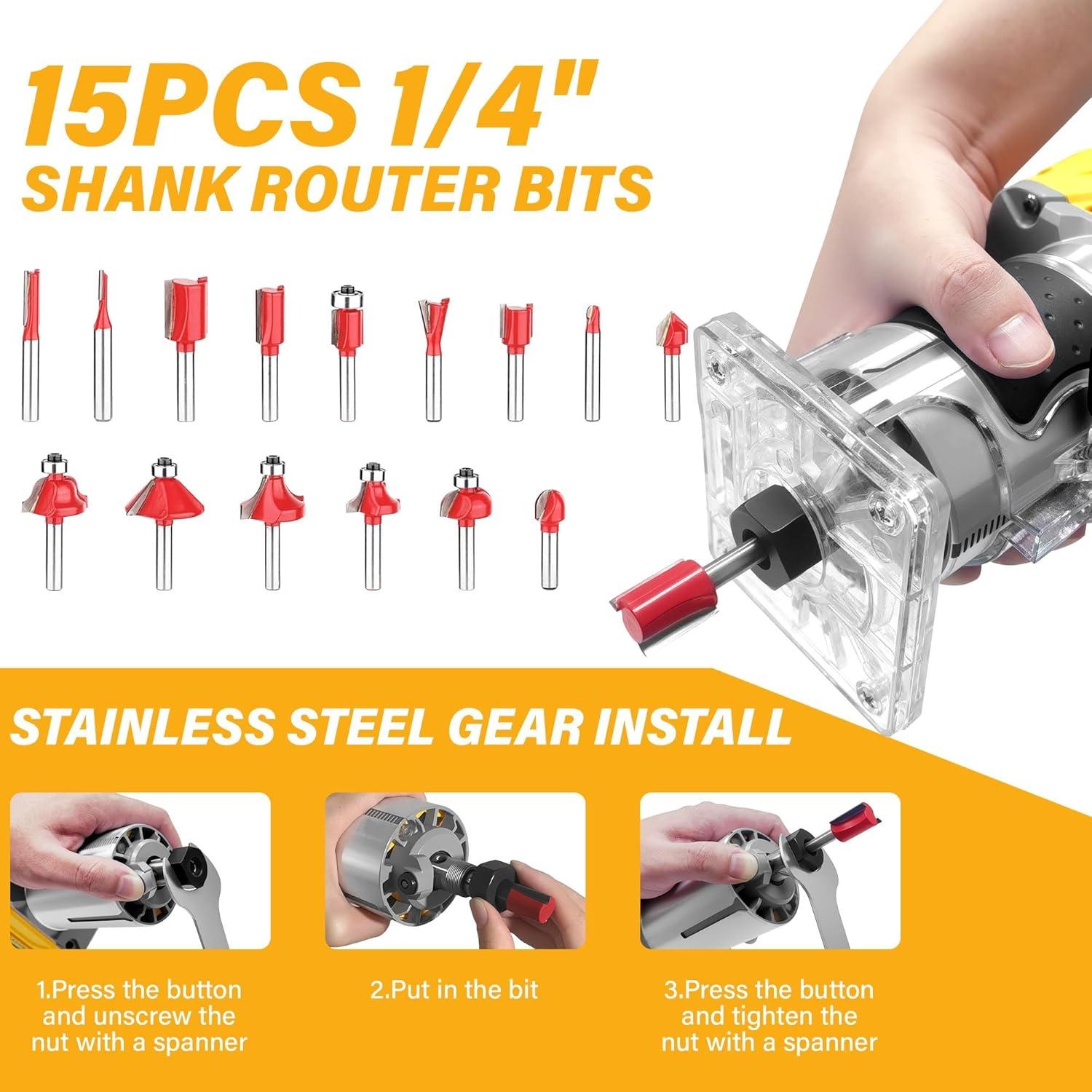 Router Inalámbrico Dewalt 20V 800W 30,000 RPM con 15 Brocas