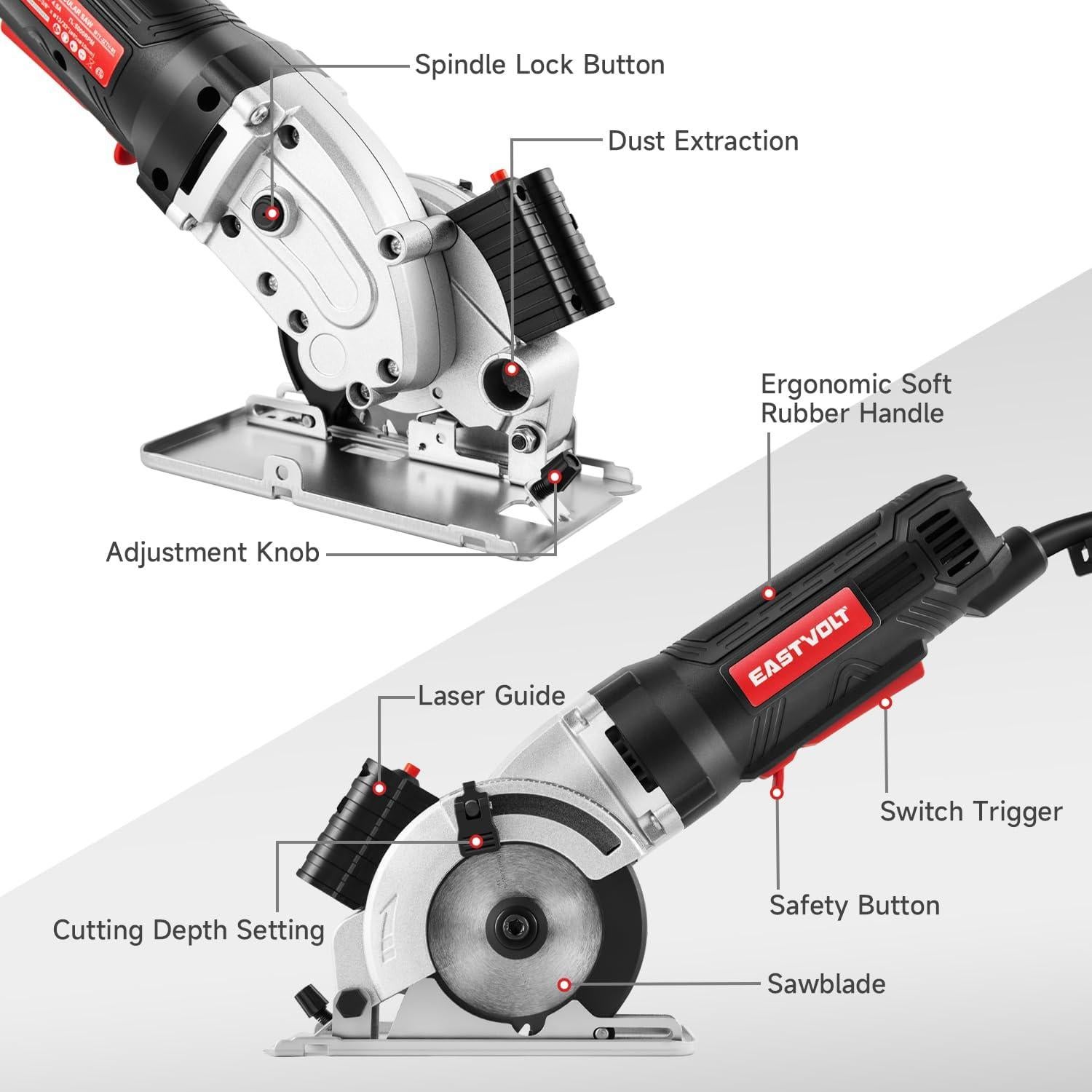 Sierra Circular Mini Eastvolt 8.57 cm 5000RPM con Guía Láser
