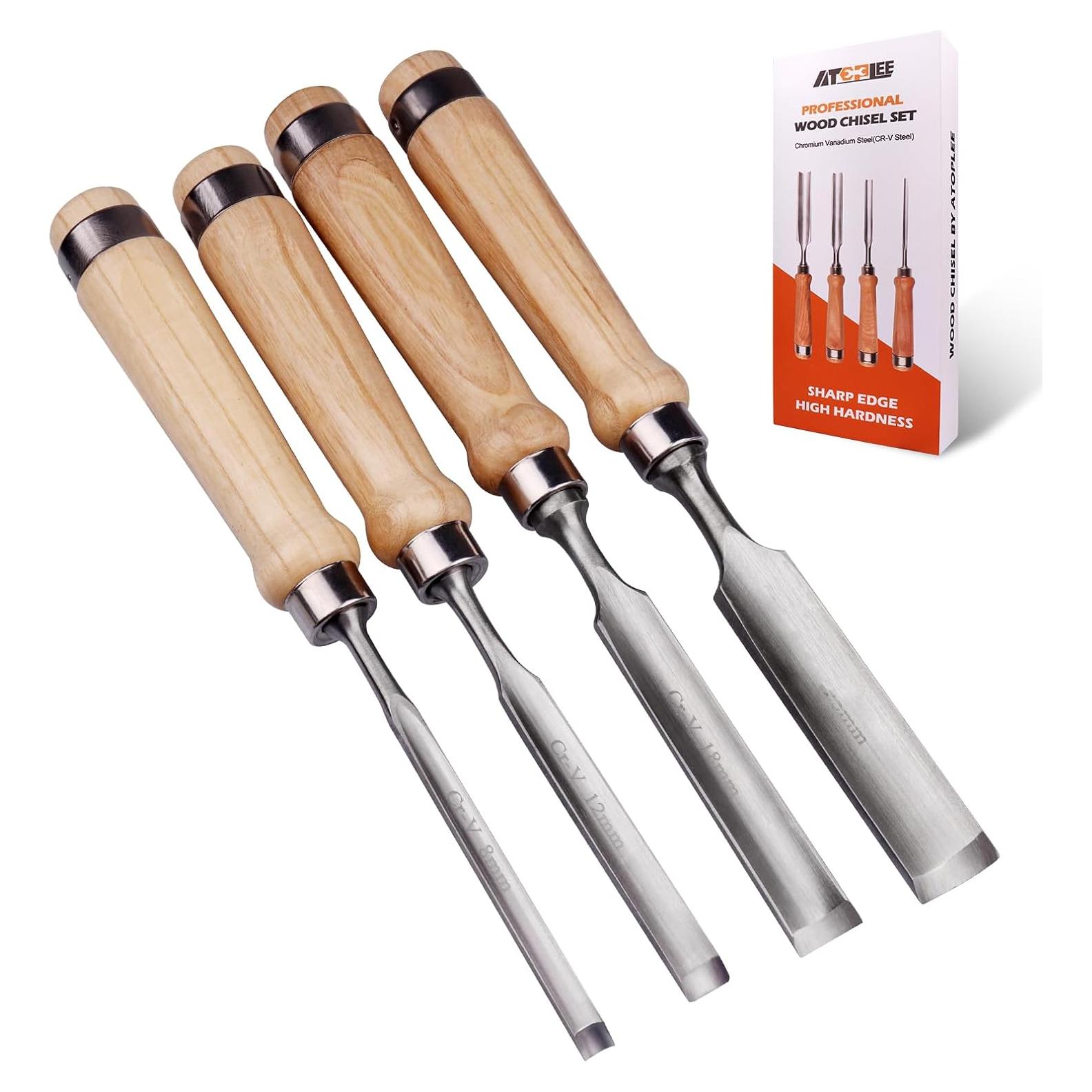 Juego de 4 Cinceles de Madera ATOPLEE Bisel Interior Curvado 8-25mm