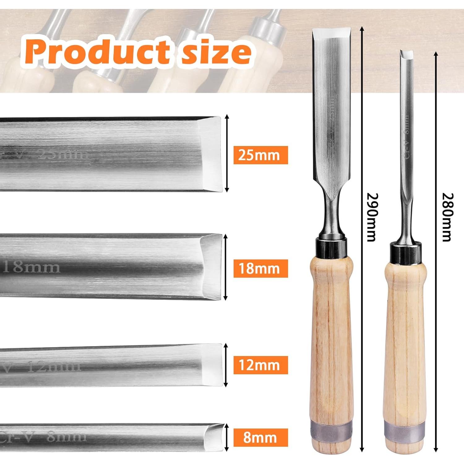 Juego de 4 Cinceles de Madera ATOPLEE Bisel Interior Curvado 8-25mm