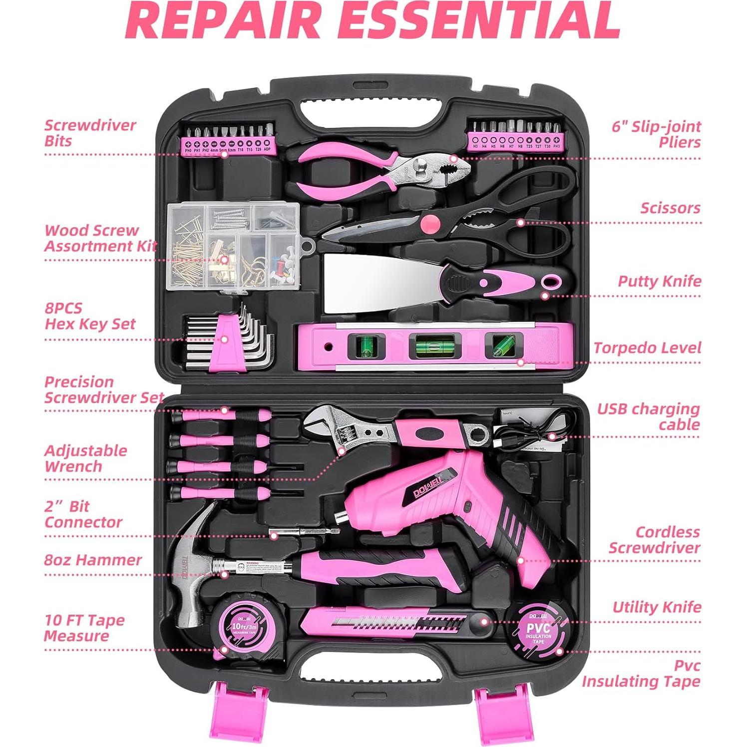 Kit de Herramientas Rosa 143 Pzs DOWELL con Destornillador 3.6V