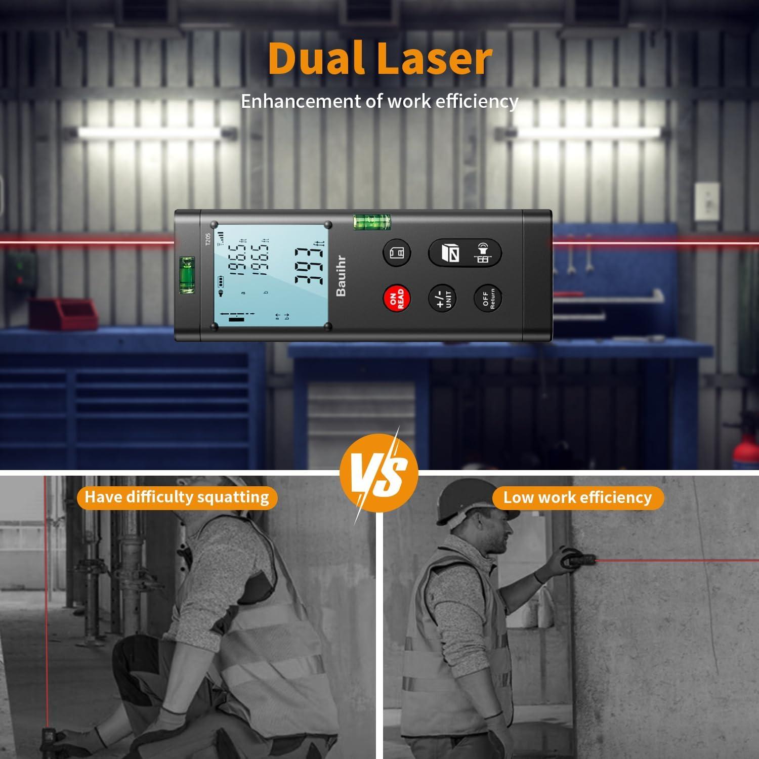 Medidor de Distancia Láser Doble Bauihr T205, 120m, Pantalla LCD