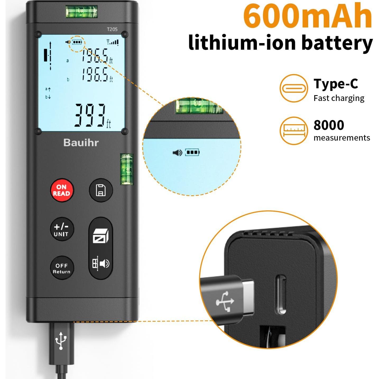 Medidor de Distancia Láser Doble Bauihr T205, 120m, Pantalla LCD