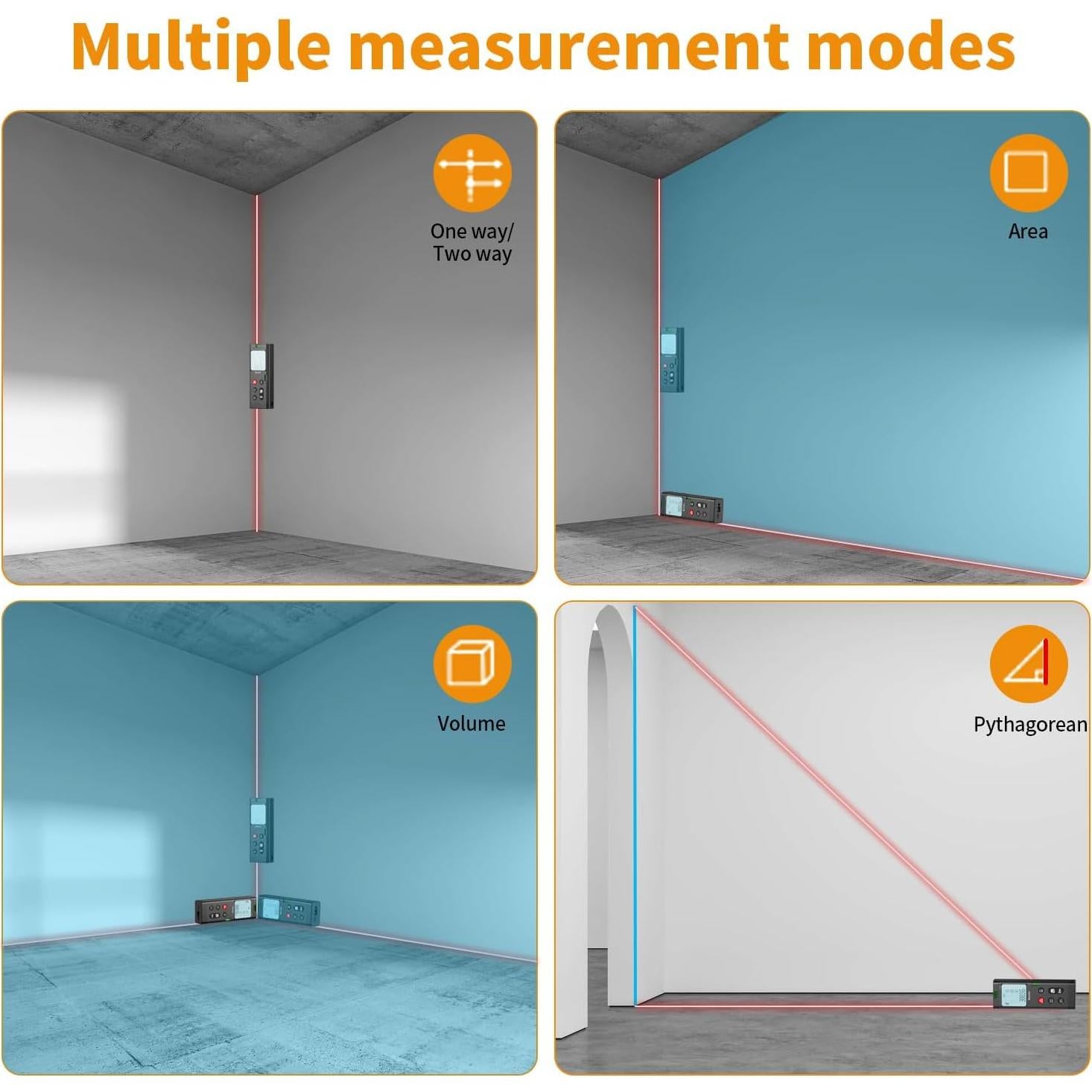 Medidor de Distancia Láser Doble Bauihr T205, 120m, Pantalla LCD