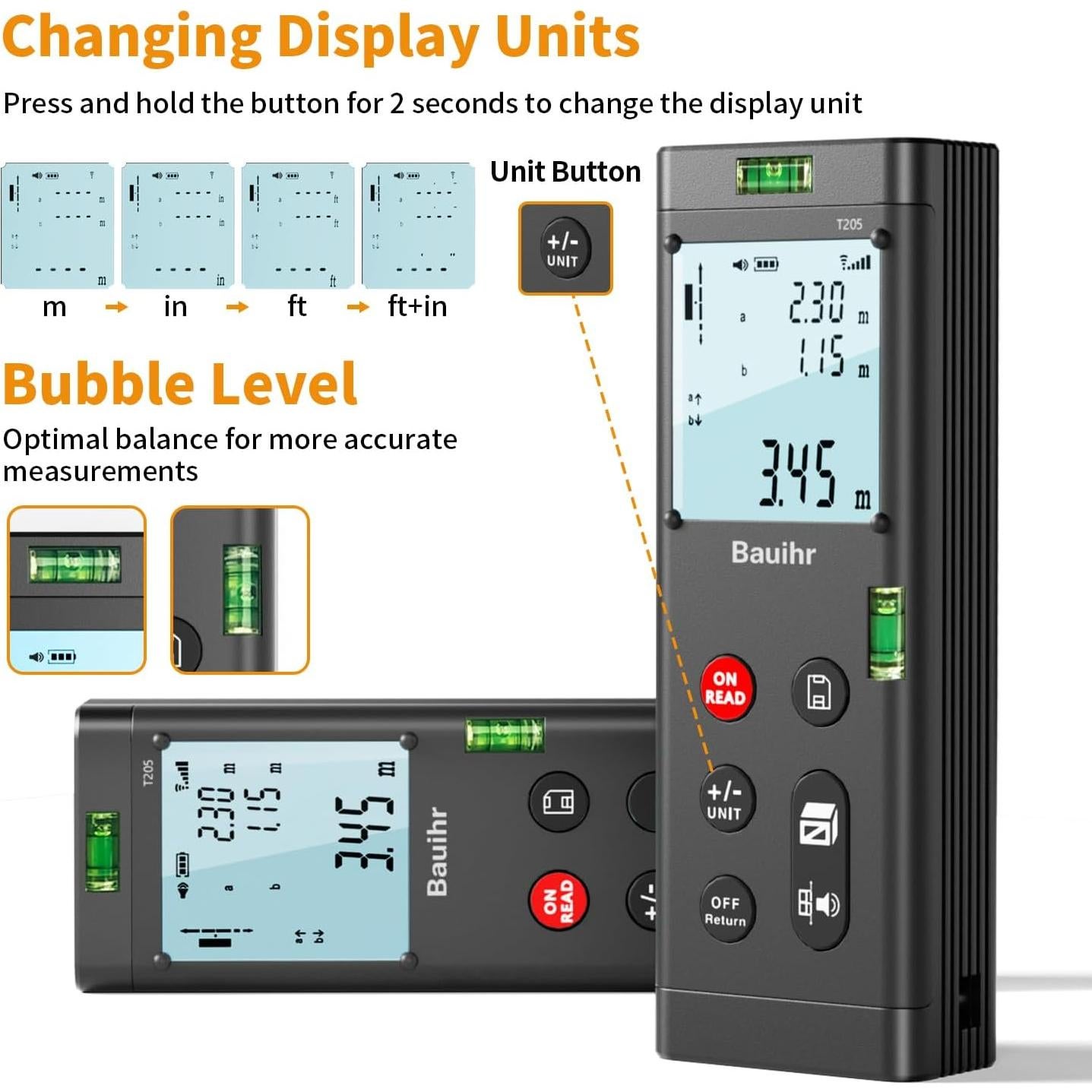 Medidor de Distancia Láser Doble Bauihr T205, 120m, Pantalla LCD