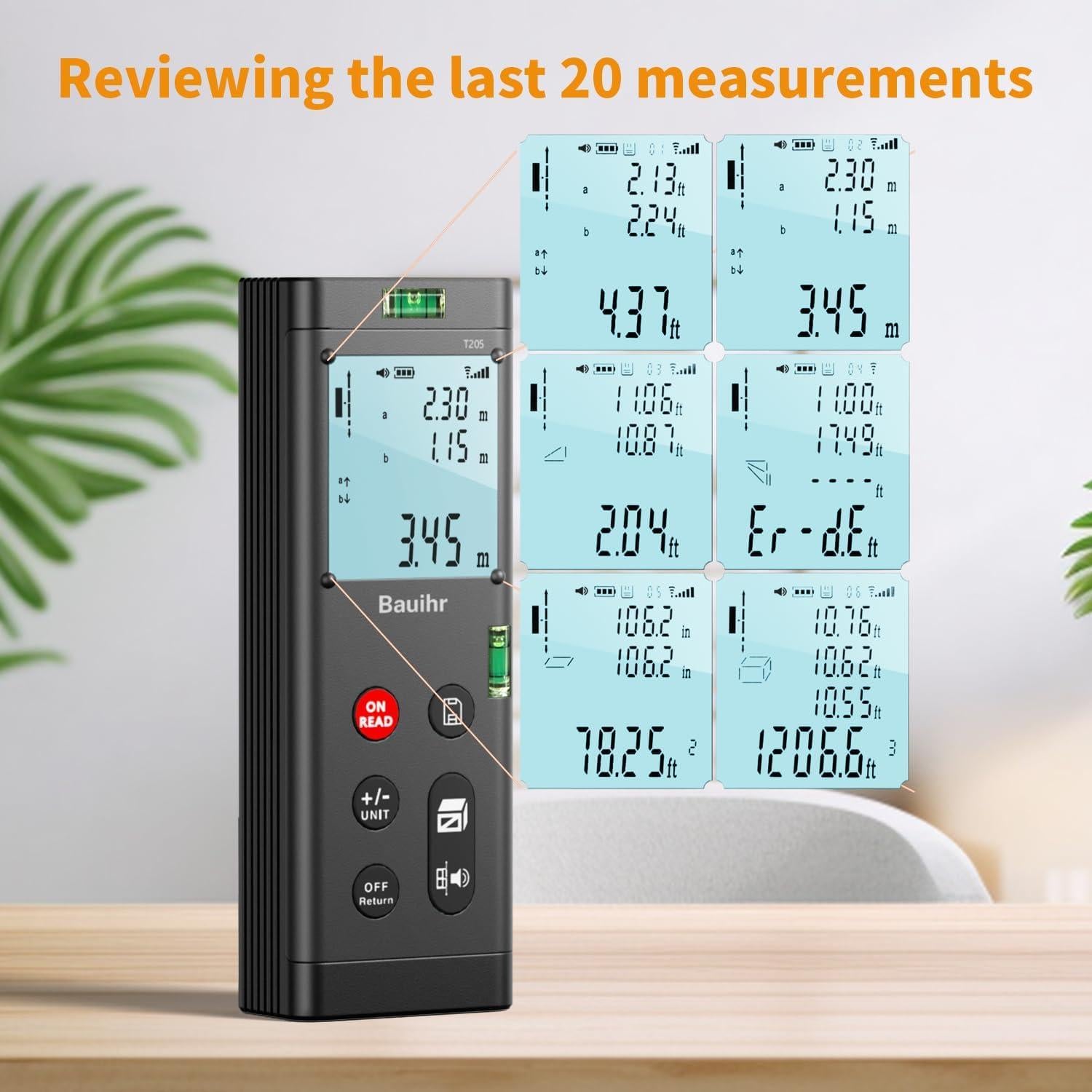 Medidor de Distancia Láser Doble Bauihr T205, 120m, Pantalla LCD