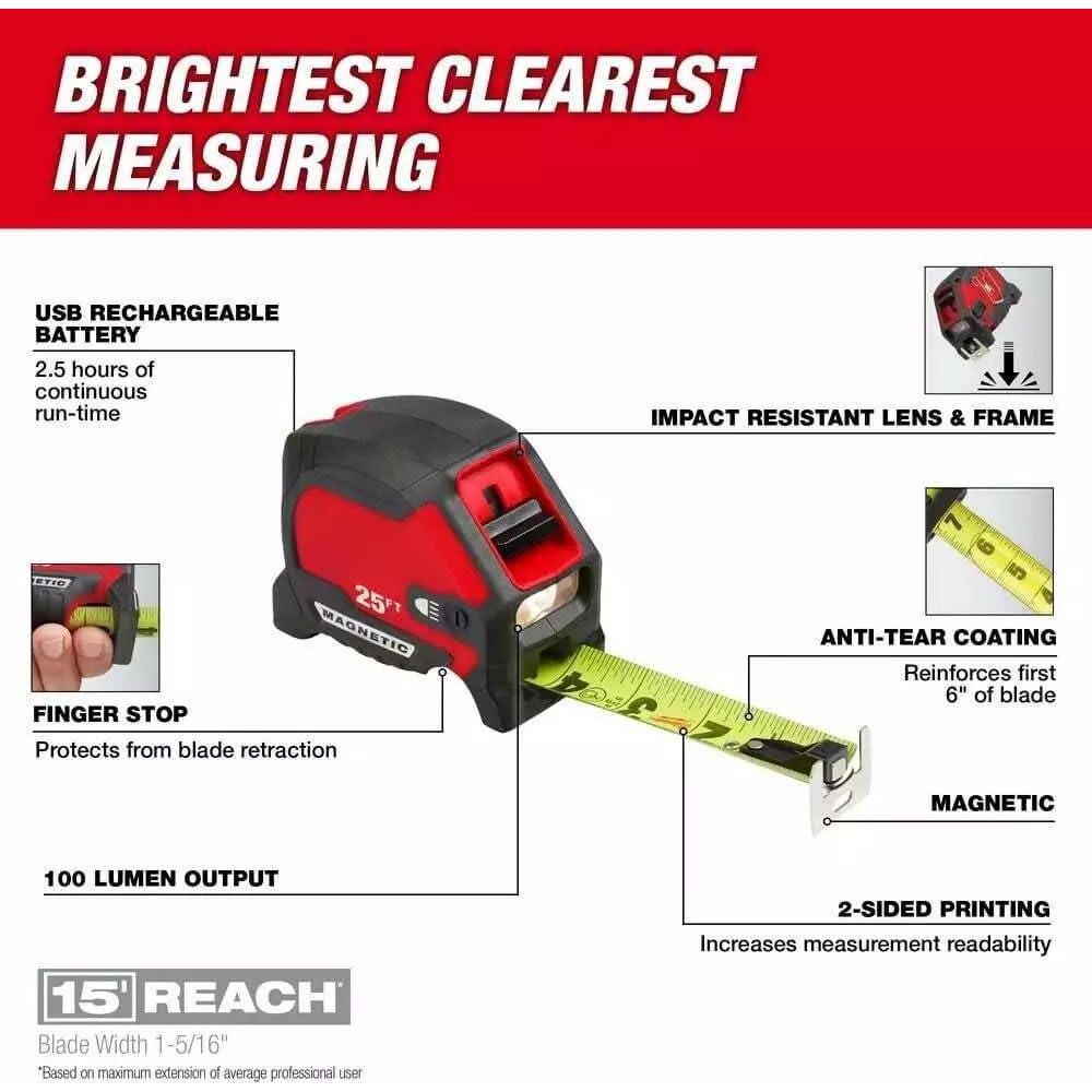 Cinta Métrica Magnética Milwaukee 48-22-0428 7.62m con Luz LED