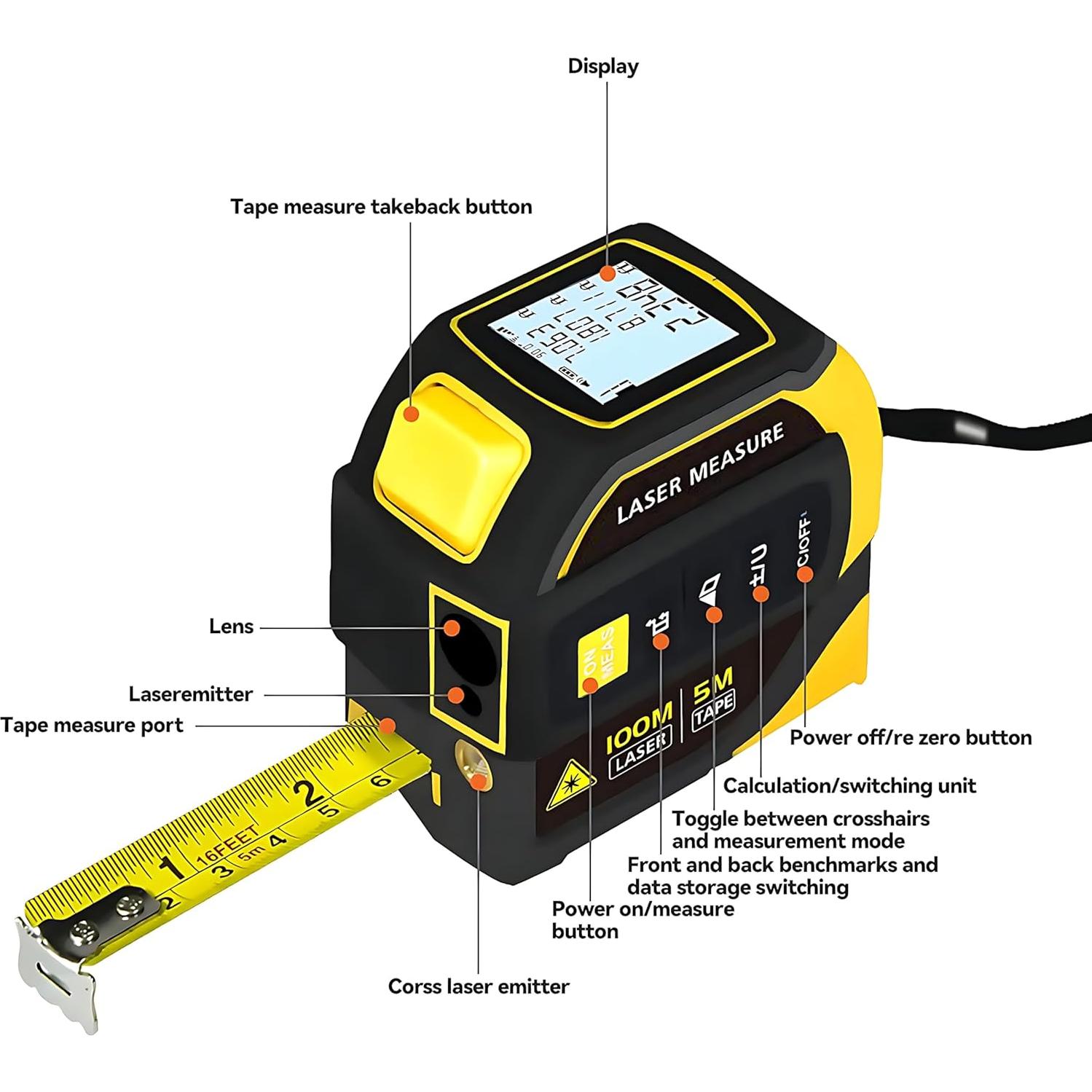 Cinta Métrica Láser 4-en-1 Genérico 100m Recargable