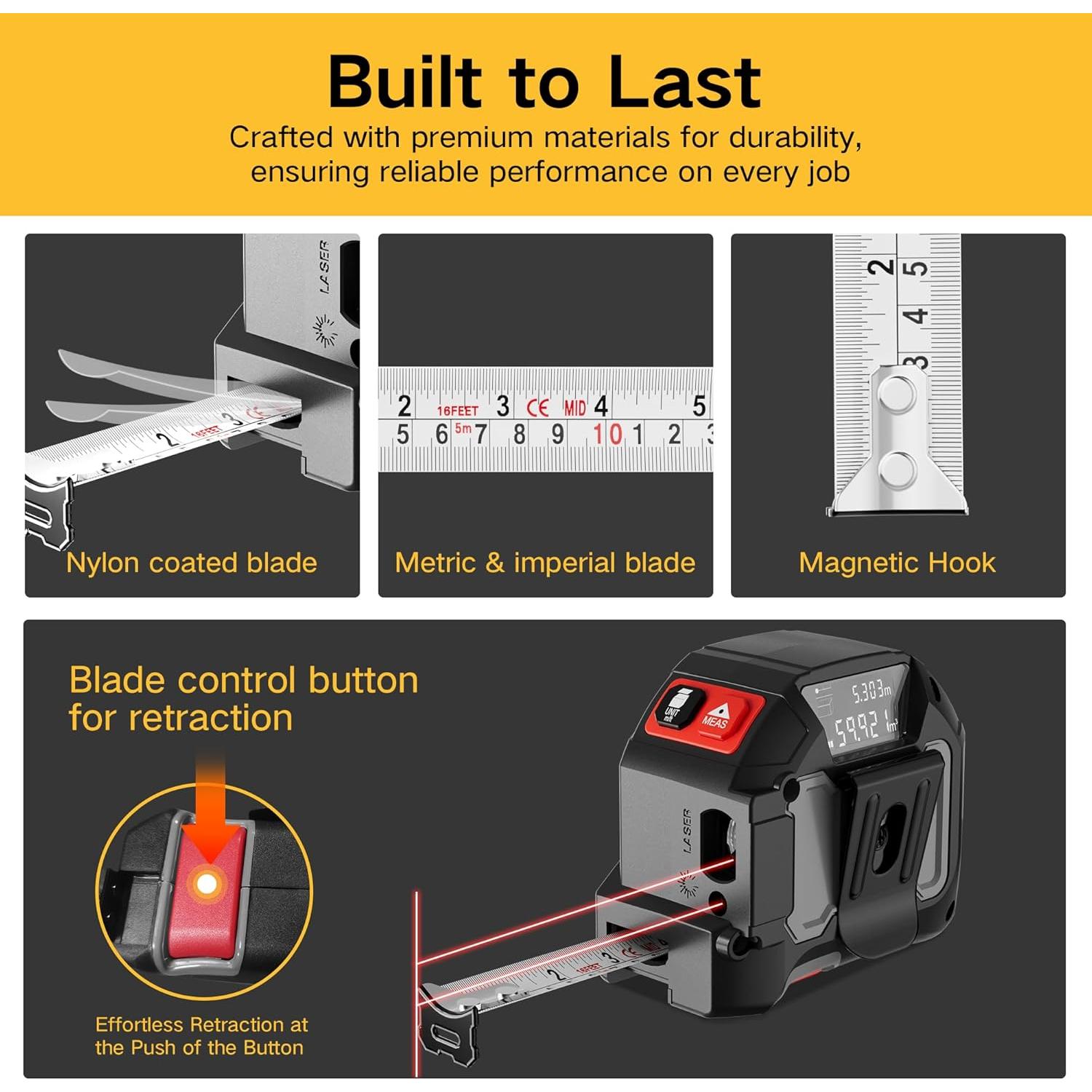 Cinta Métrica Láser 2 en 1 BTE 39.62m y 4.88m Recargable