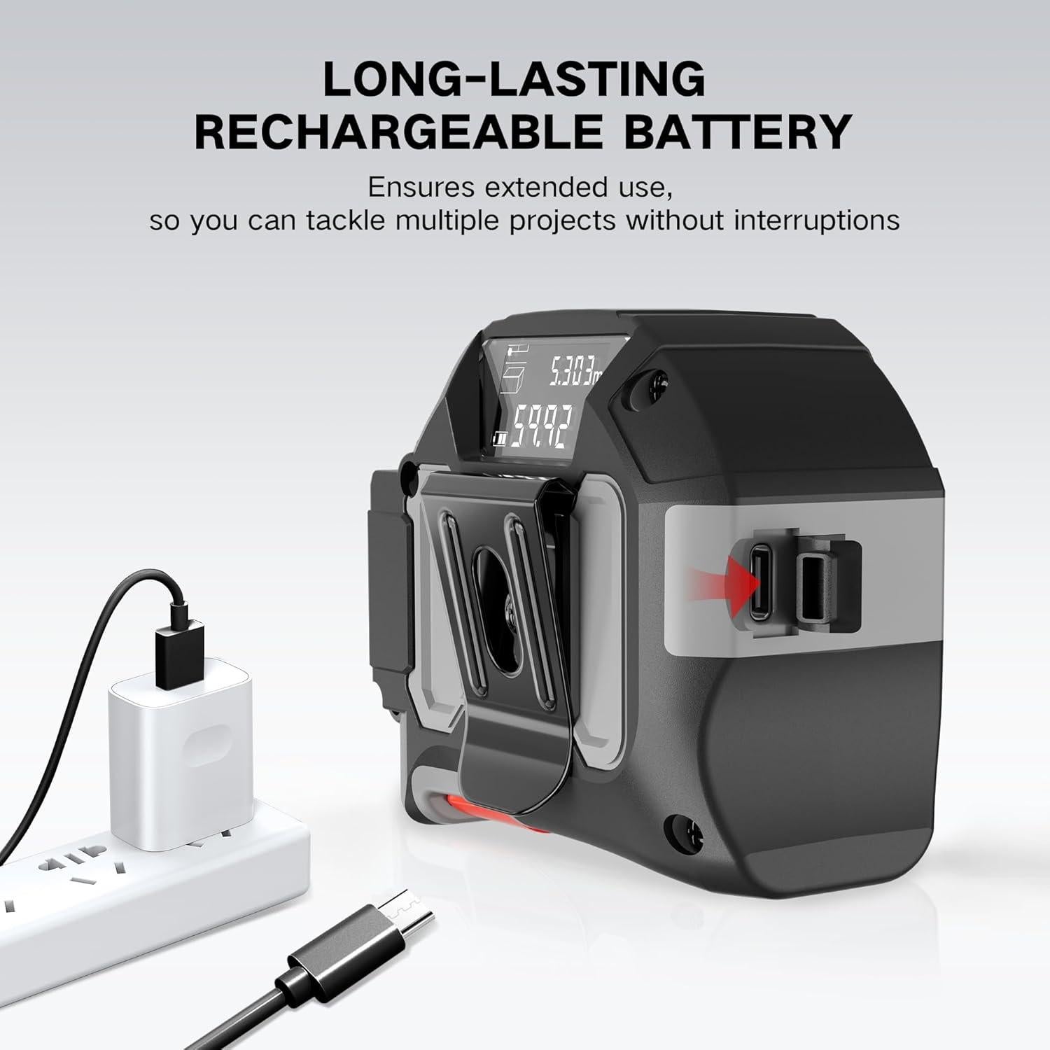 Cinta Métrica Láser 2 en 1 BTE 39.62m y 4.88m Recargable