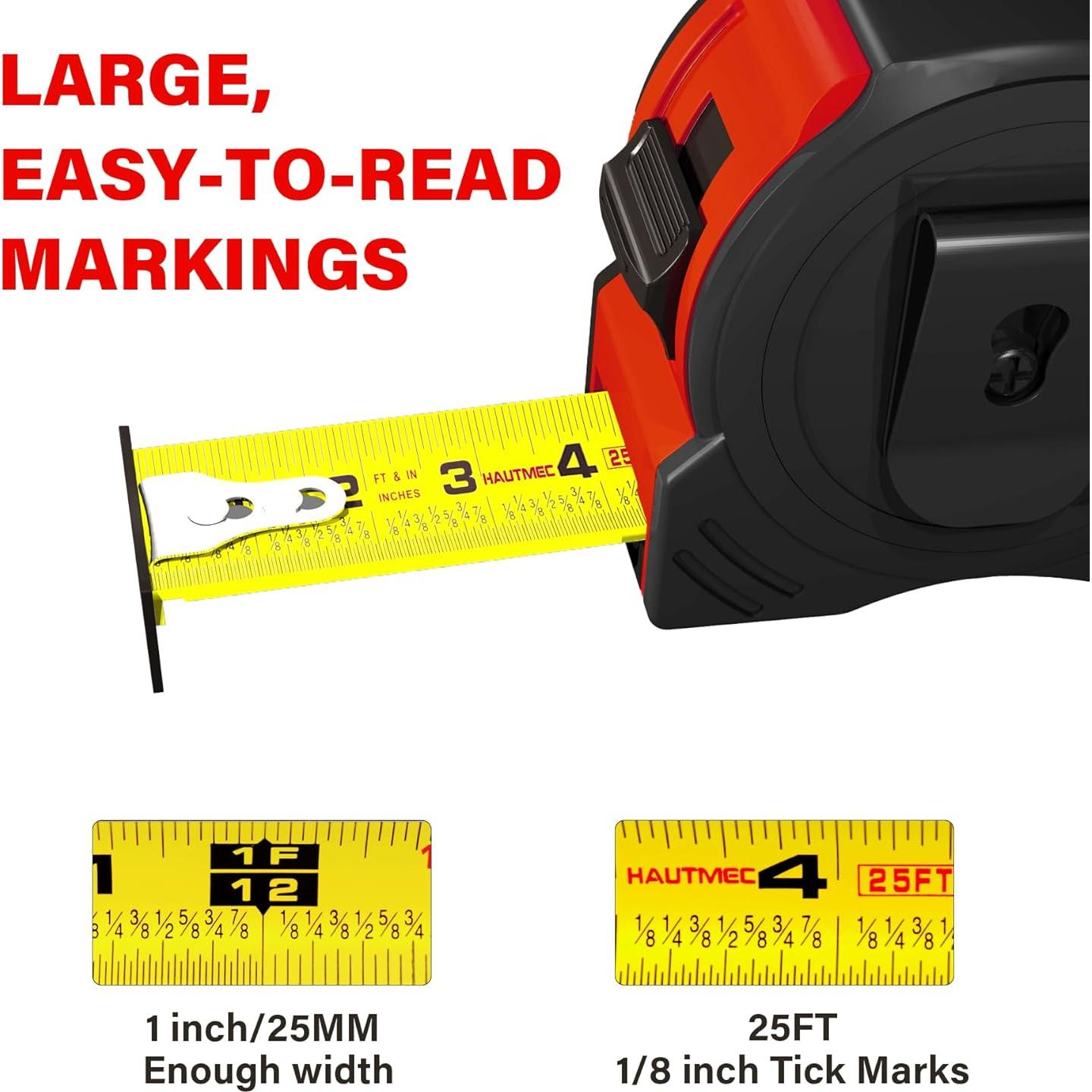 Cinta Métrica Profesional HAUTMEC 25FT con Gancho Magnético