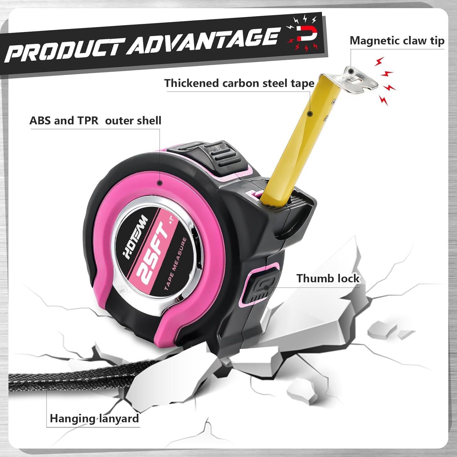 Cinta Métrica Retráctil Hoteam 2 Pcs Rosa 7.62 m Precisión