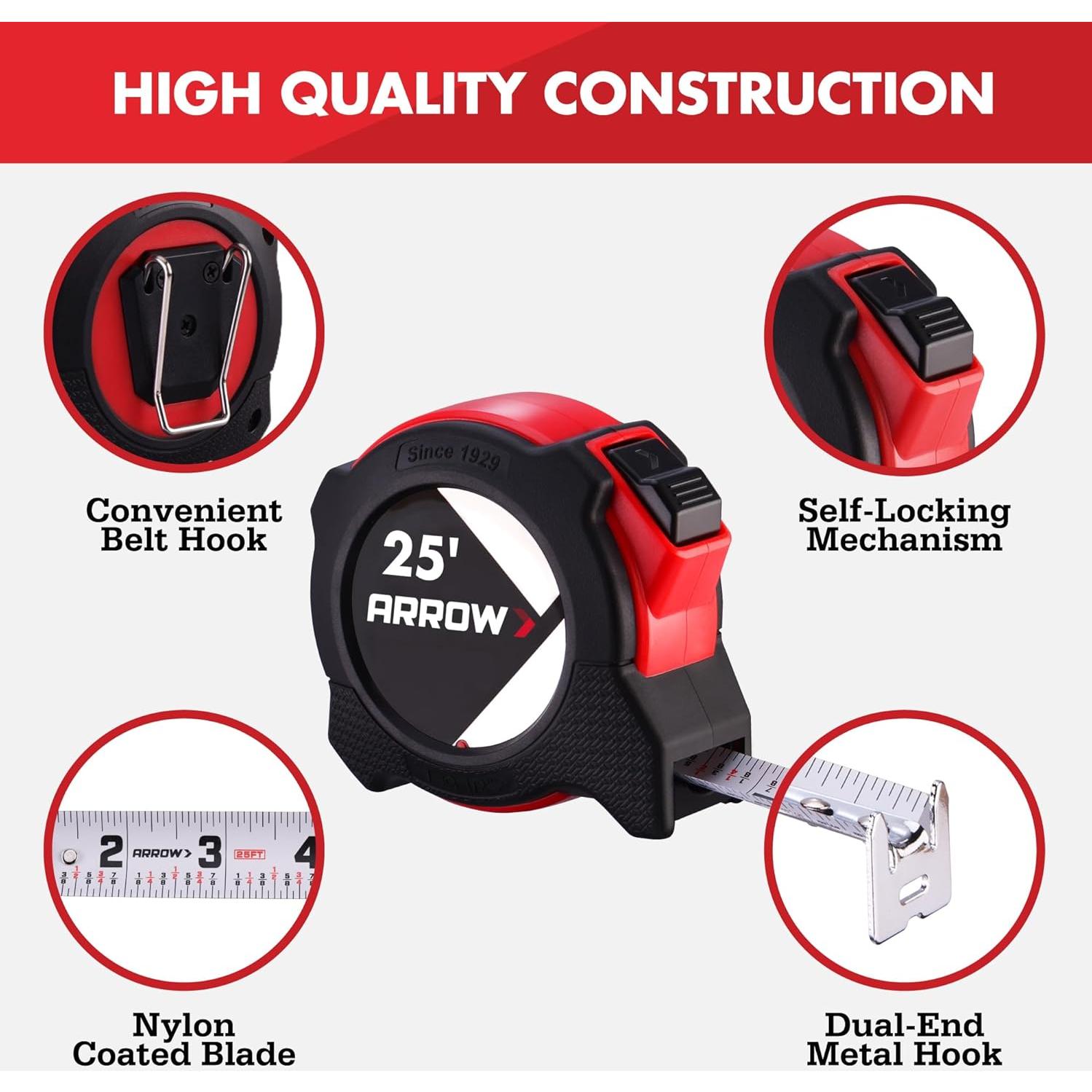 Cinta Métrica Auto-Bloqueo Arrow 7.62m Doble Cara con Clip