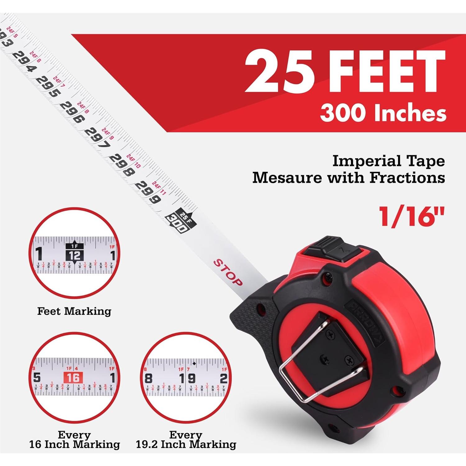 Cinta Métrica Auto-Bloqueo Arrow 7.62m Doble Cara con Clip