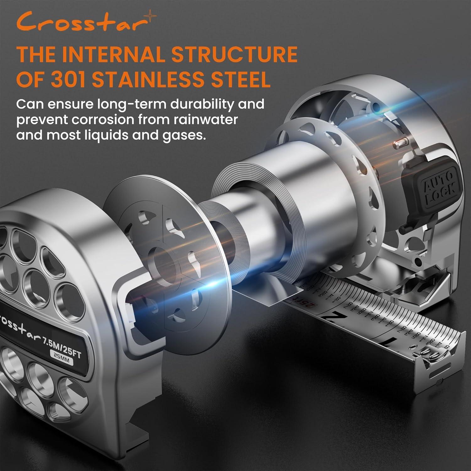 Cinta Métrica Autocierre 7.62m Crosstar Doble Cara Acero Inoxidable