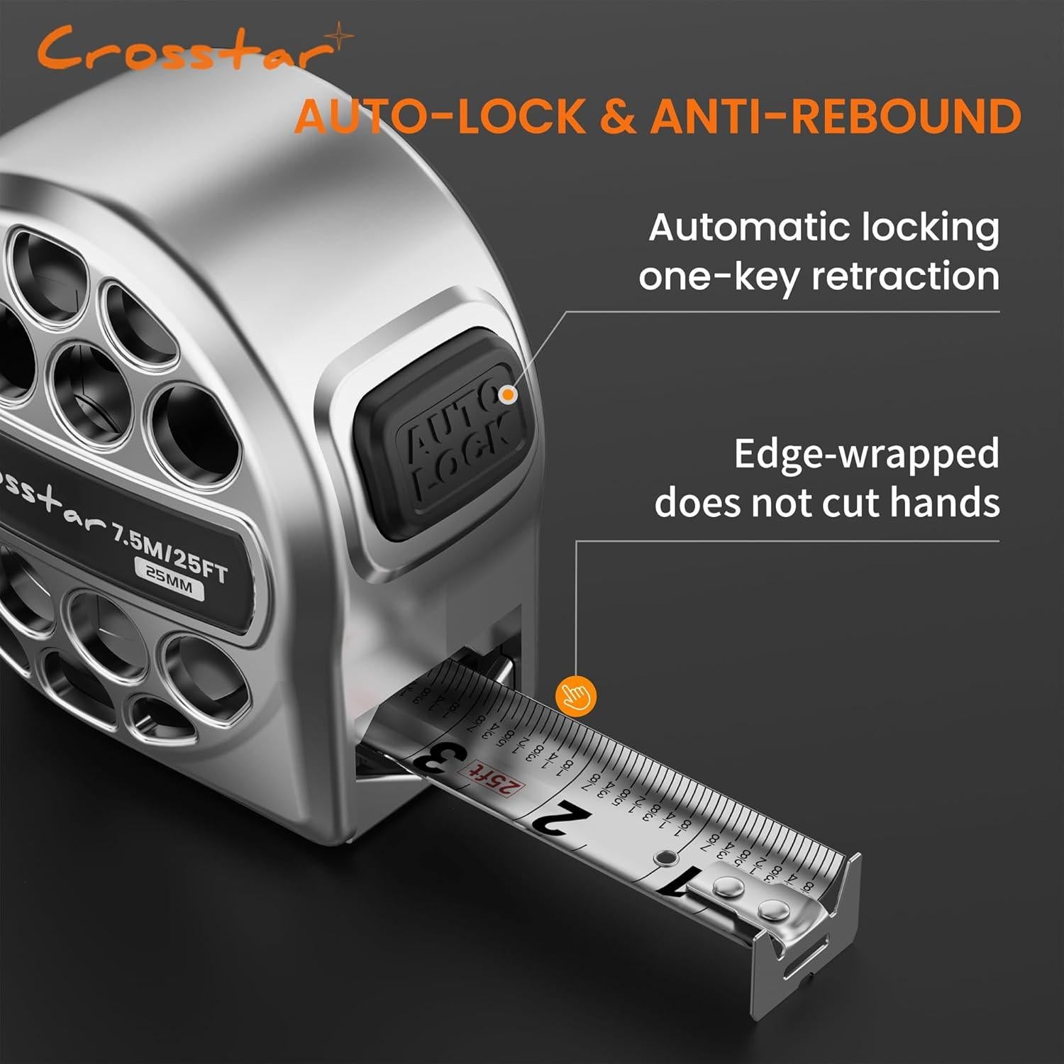 Cinta Métrica Autocierre 7.62m Crosstar Doble Cara Acero Inoxidable