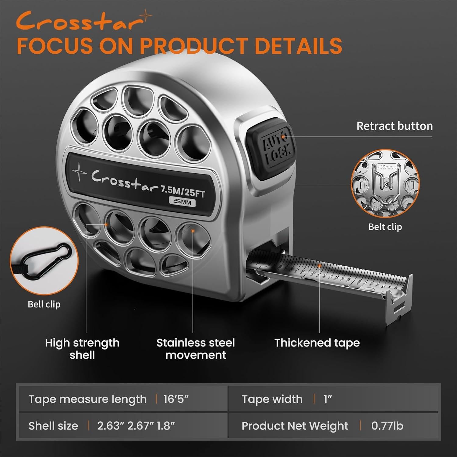Cinta Métrica Autocierre 7.62m Crosstar Doble Cara Acero Inoxidable