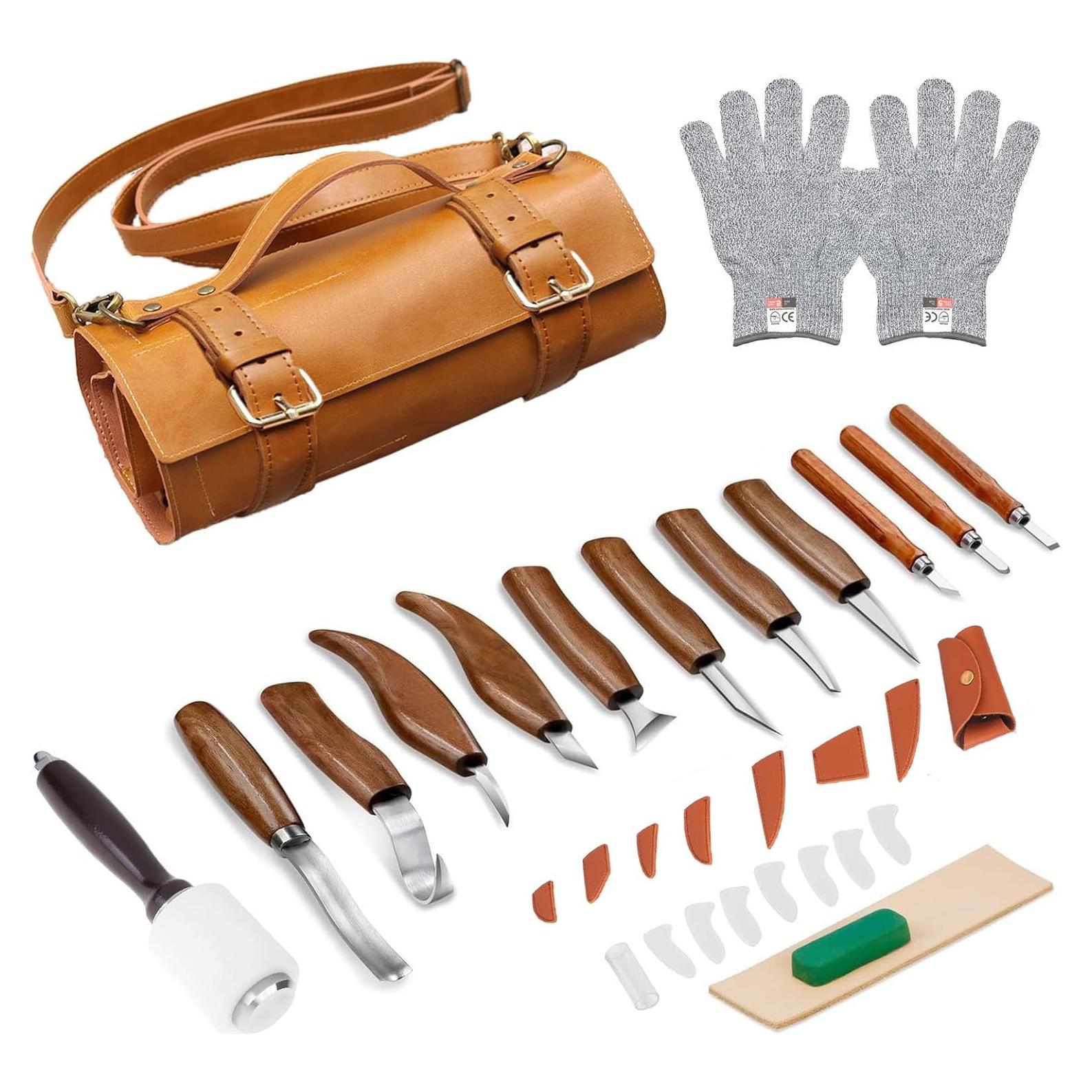 Kit de Tallado en Madera WGLILO 16 Piezas con Estuche de Cuero