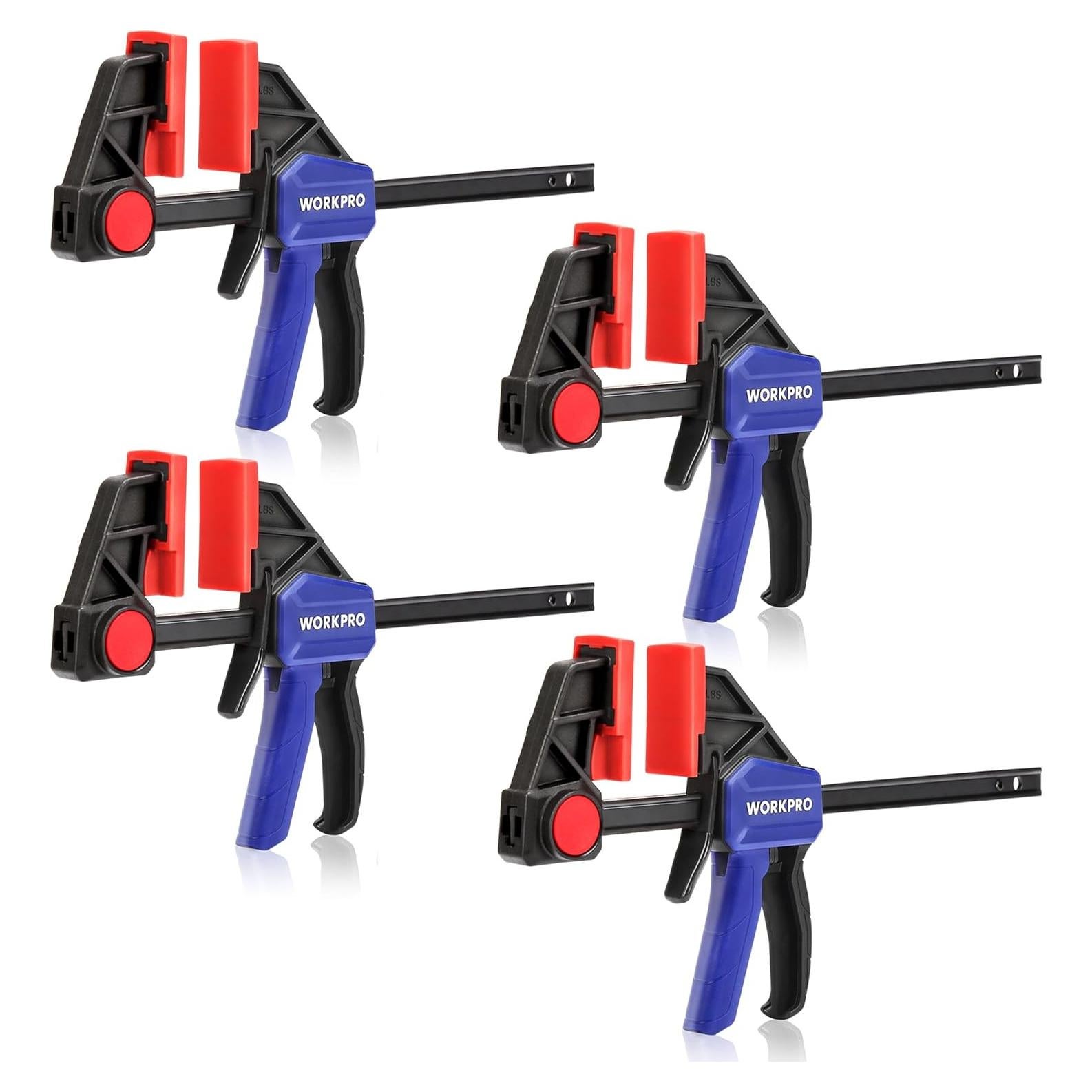 WORKPRO 6" Bar Clamps for Woodworking, One-Handed Clamp/Spreader, Light Duty Wood Clamps Set, Quick-Change F Clamps with 150LBS Load Limit, 4 Pack