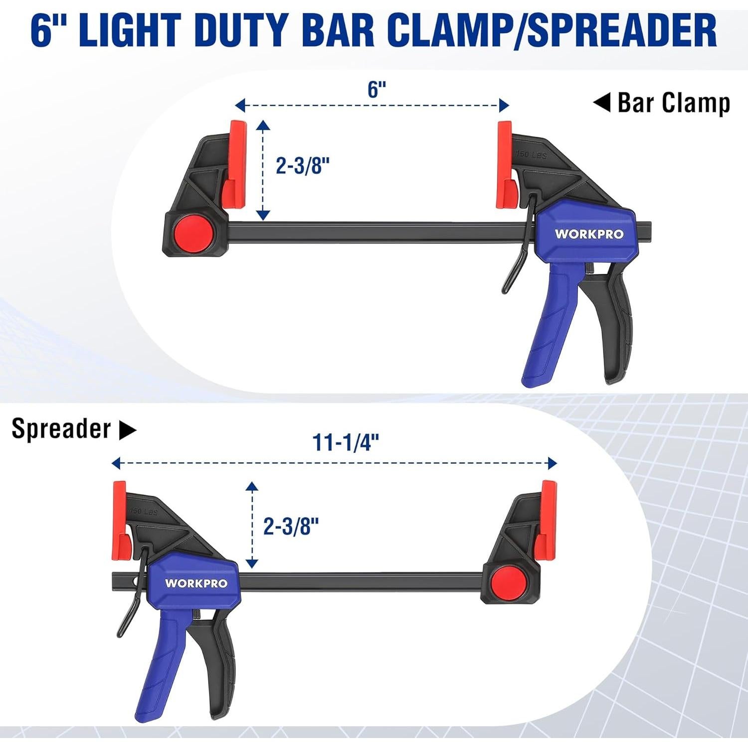 WORKPRO 6" Bar Clamps for Woodworking, One-Handed Clamp/Spreader, Light Duty Wood Clamps Set, Quick-Change F Clamps with 150LBS Load Limit, 4 Pack
