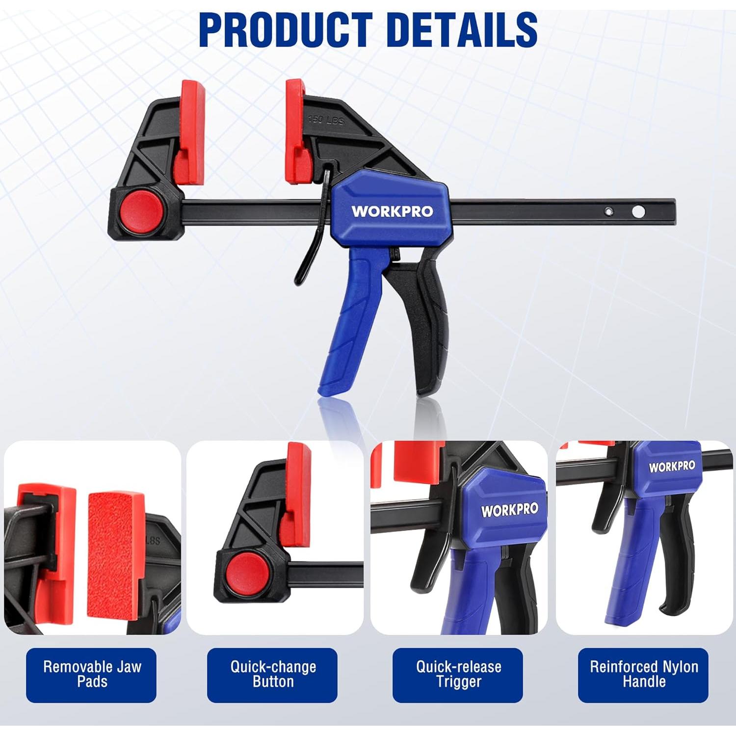 WORKPRO 6" Bar Clamps for Woodworking, One-Handed Clamp/Spreader, Light Duty Wood Clamps Set, Quick-Change F Clamps with 150LBS Load Limit, 4 Pack