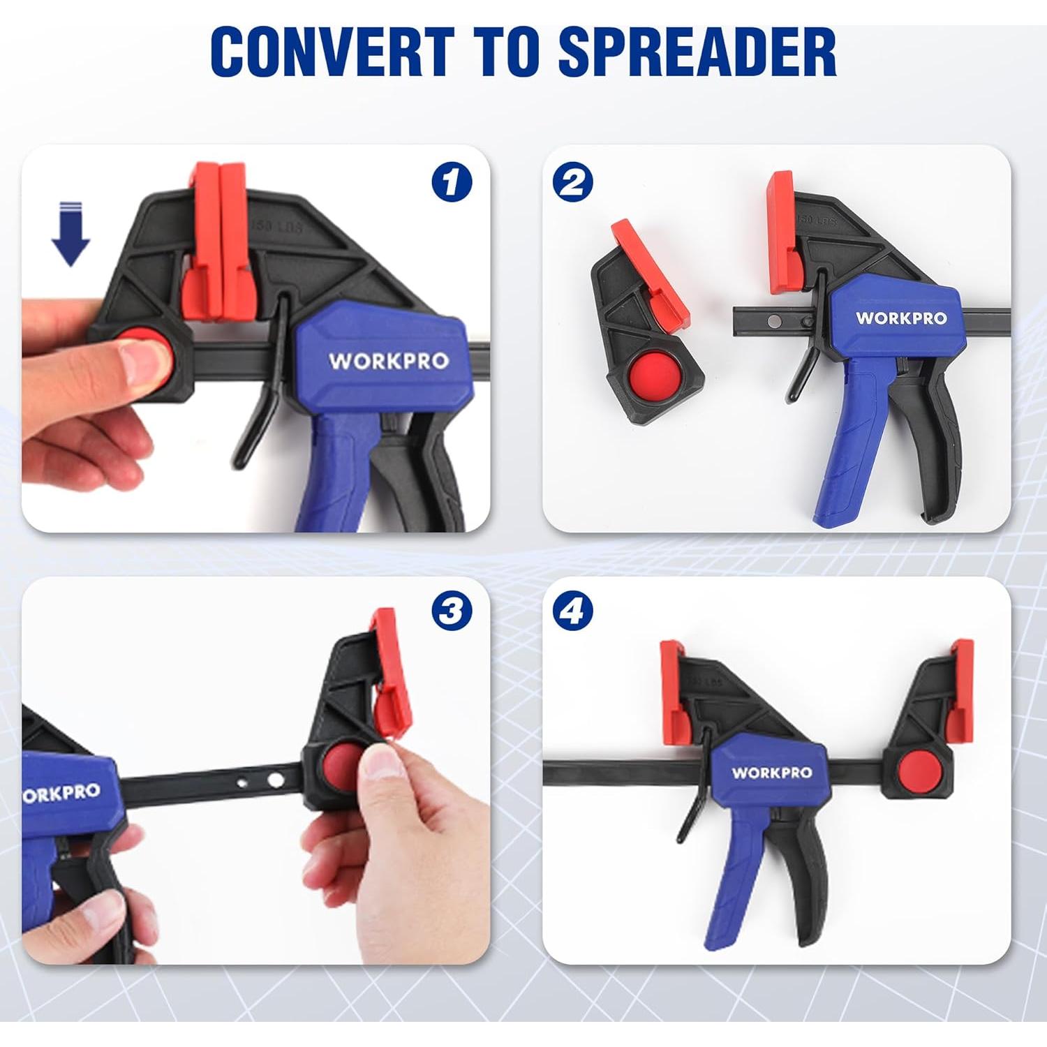 WORKPRO 6" Bar Clamps for Woodworking, One-Handed Clamp/Spreader, Light Duty Wood Clamps Set, Quick-Change F Clamps with 150LBS Load Limit, 4 Pack