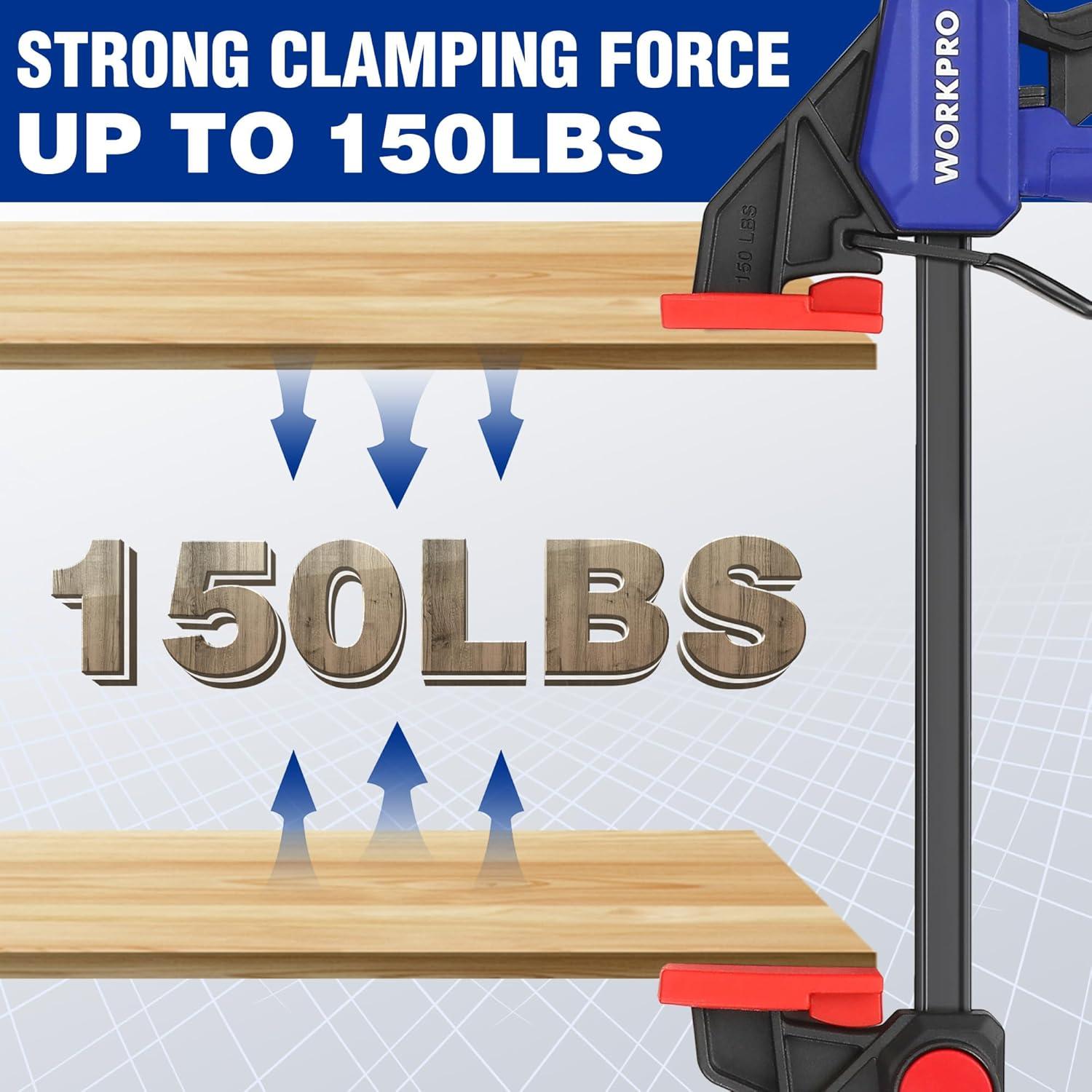 WORKPRO 6" Bar Clamps for Woodworking, One-Handed Clamp/Spreader, Light Duty Wood Clamps Set, Quick-Change F Clamps with 150LBS Load Limit, 4 Pack