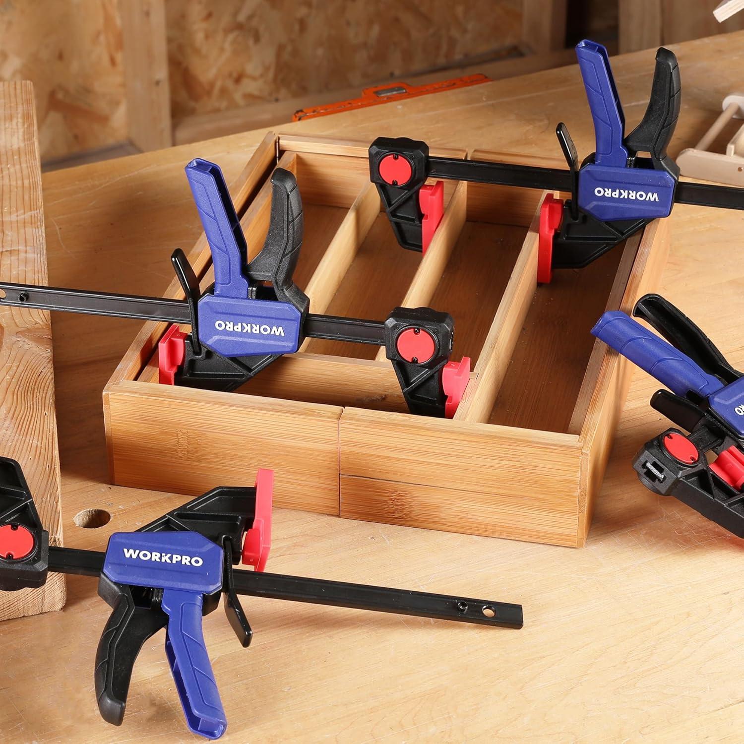 WORKPRO 6" Bar Clamps for Woodworking, One-Handed Clamp/Spreader, Light Duty Wood Clamps Set, Quick-Change F Clamps with 150LBS Load Limit, 4 Pack