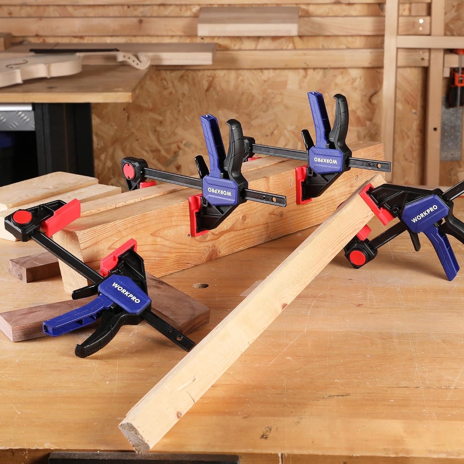 WORKPRO 6" Bar Clamps for Woodworking, One-Handed Clamp/Spreader, Light Duty Wood Clamps Set, Quick-Change F Clamps with 150LBS Load Limit, 4 Pack