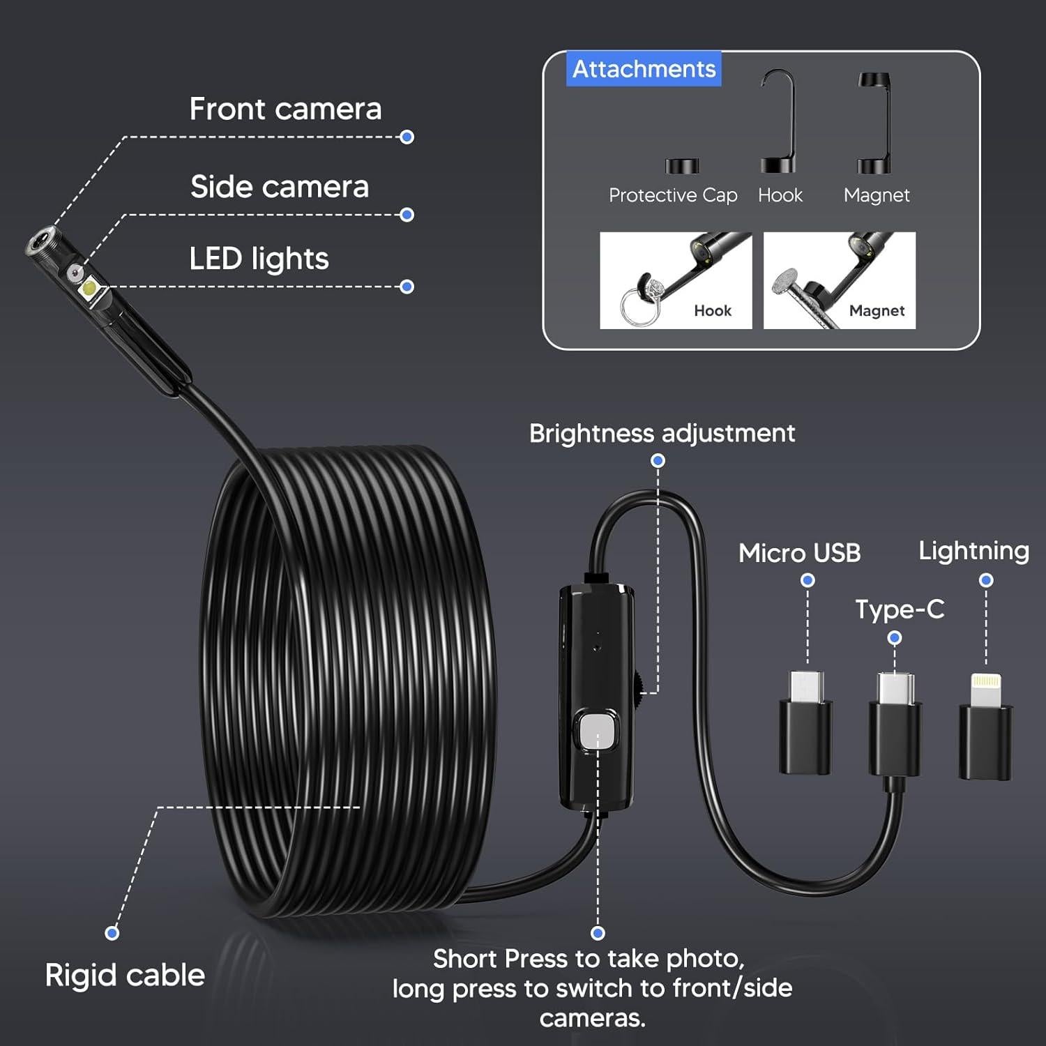 Endoscopio Borescope BlueFire 3.5m IP67 con 9 LED Ajustables