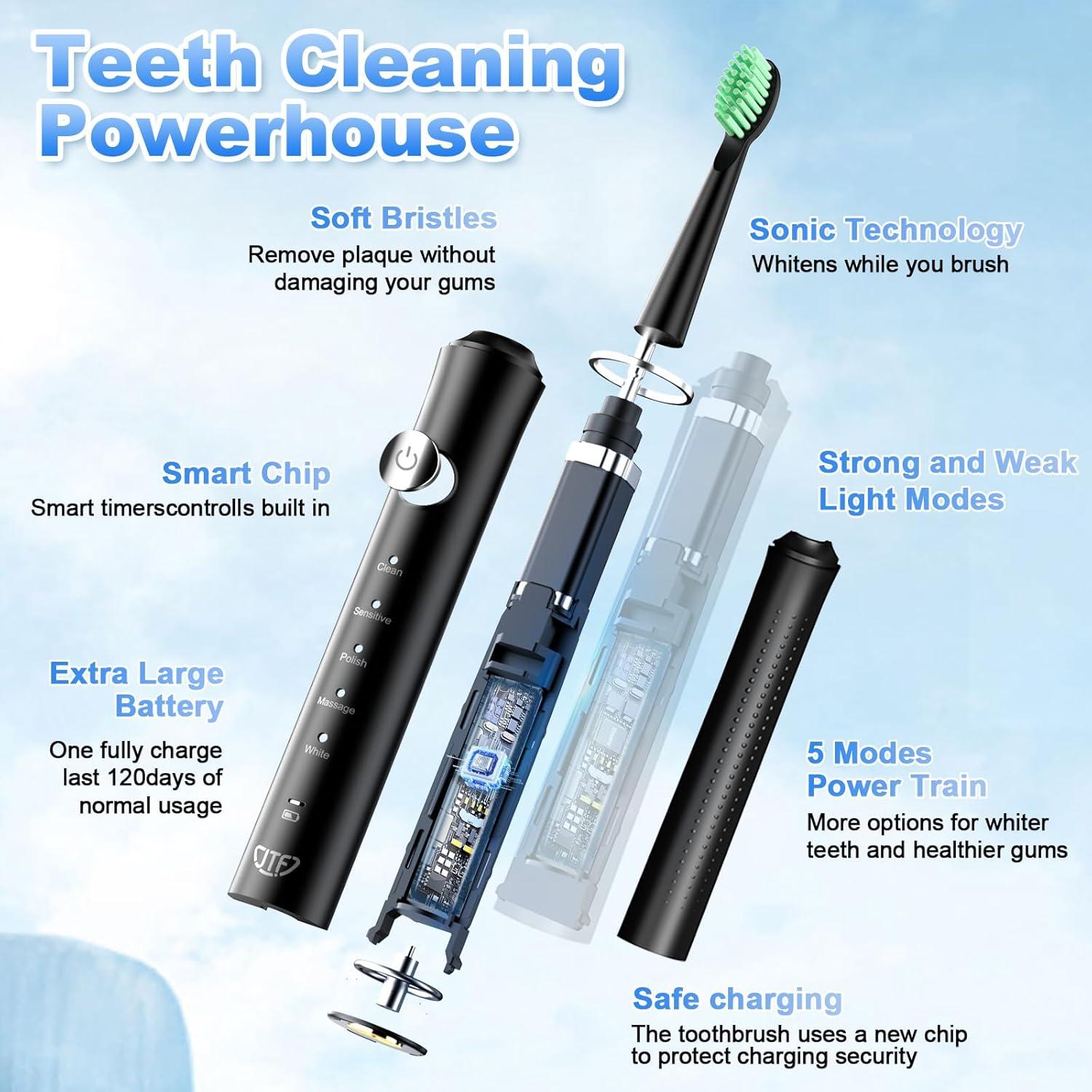 Cepillo de Dientes Eléctrico JTF Negro con 6 Cabezas y 5 Modos