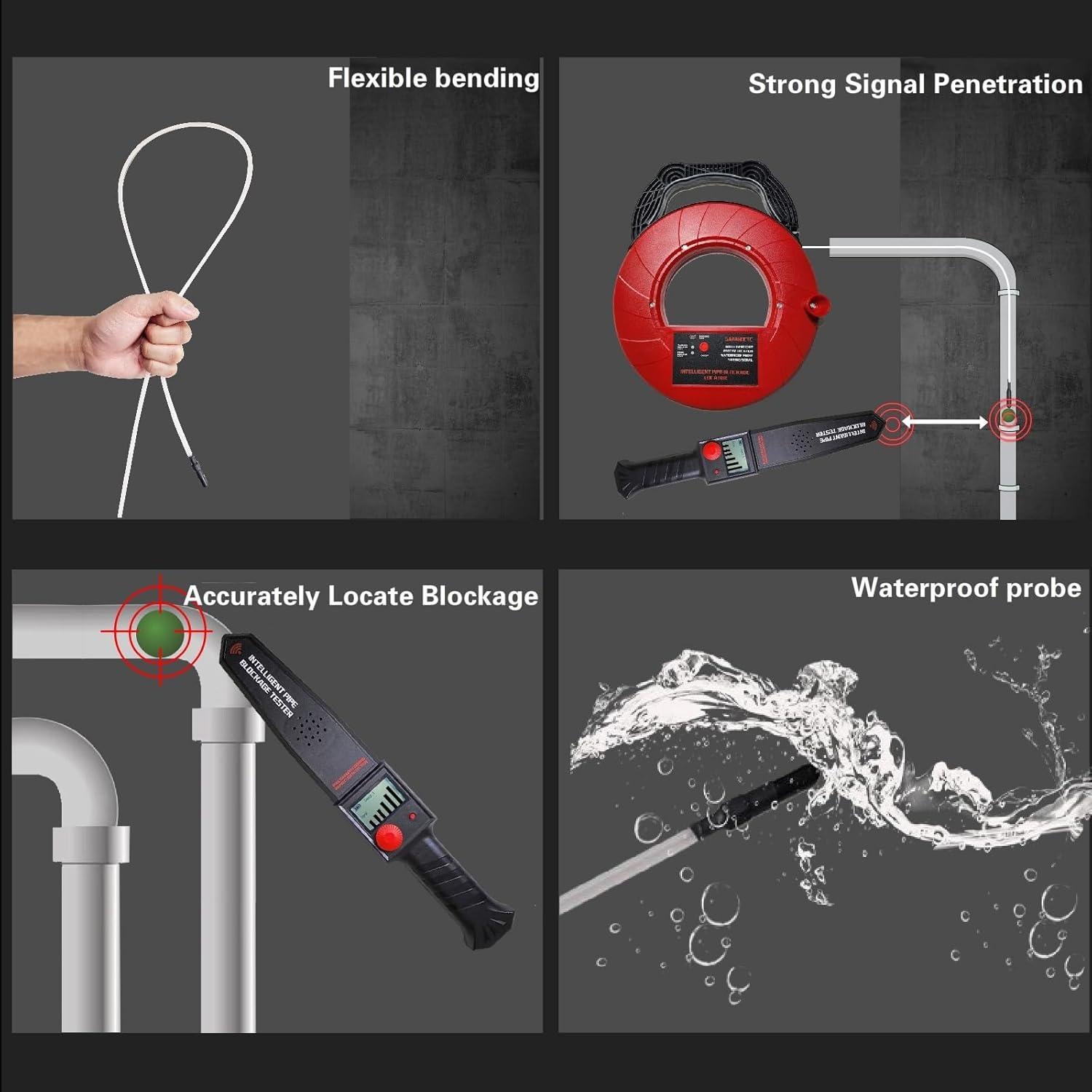 Detector de Bloqueo de Tuberías ZEQIAN 40M con Sonda IP67