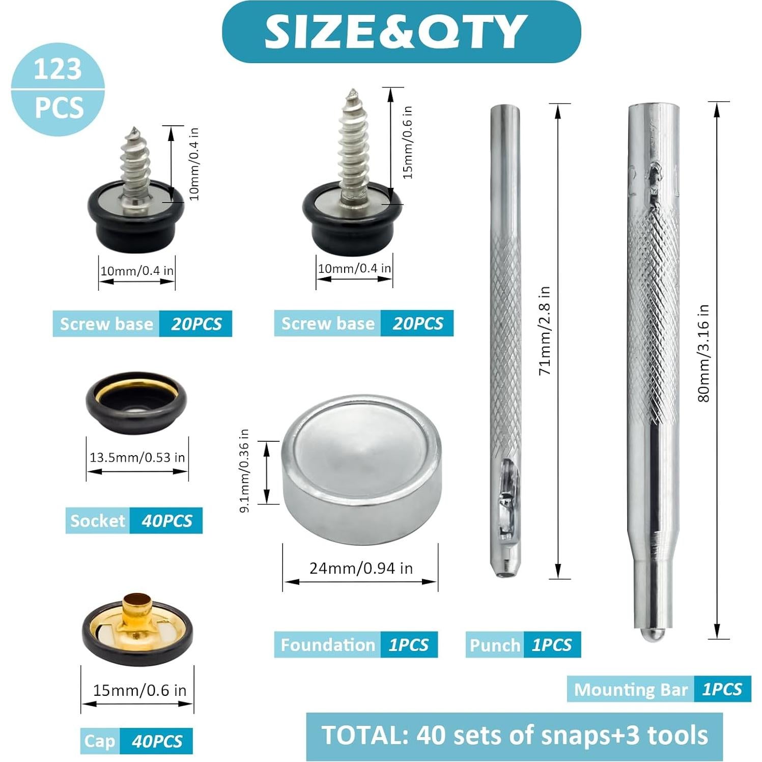 Kit de Botones de Lona Hoeine HE - 40 Juegos de Acero Inoxidable